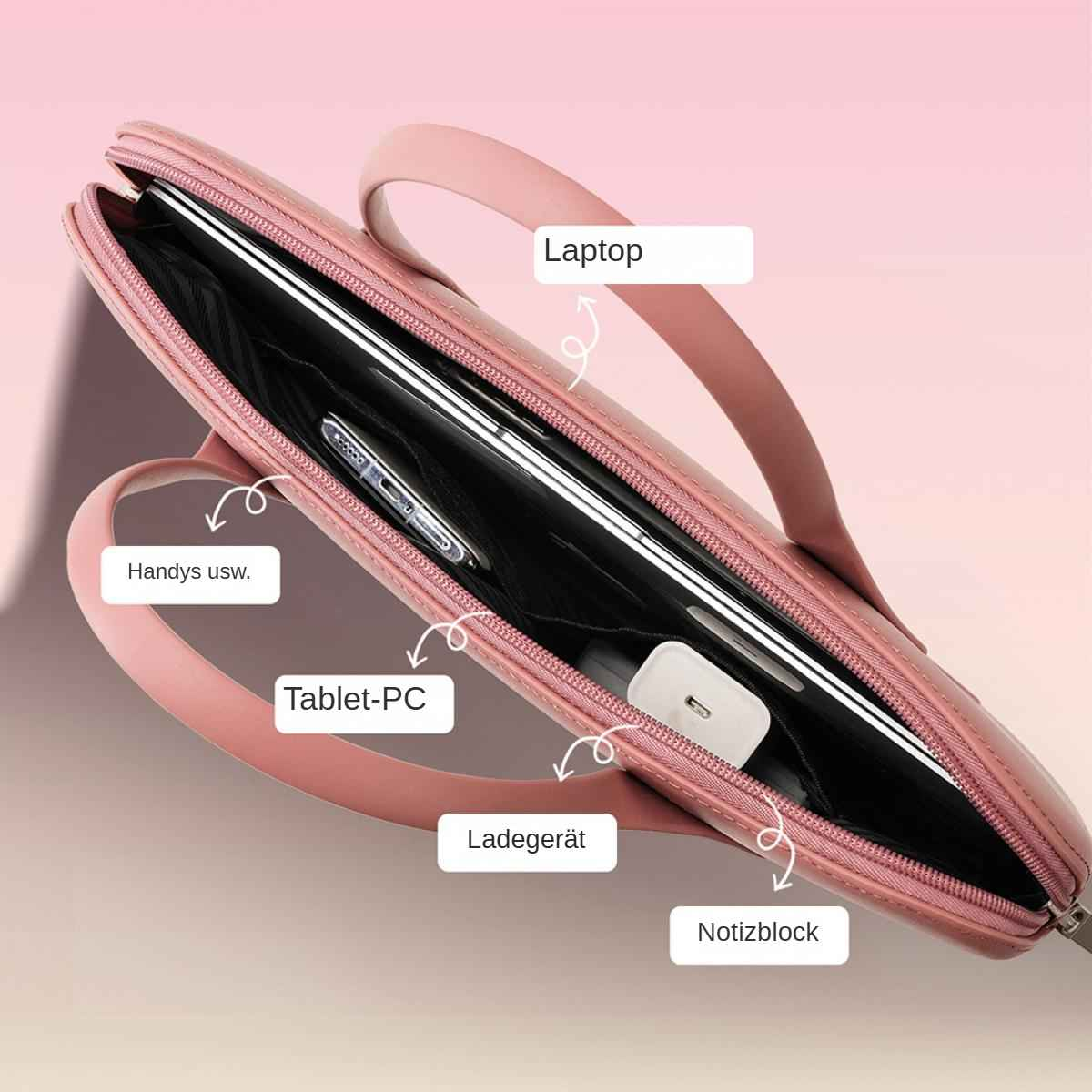 Eine rosafarbene Laptoptasche mit Laptop, Tablet, Ladegerät, Notizblock und Handy.