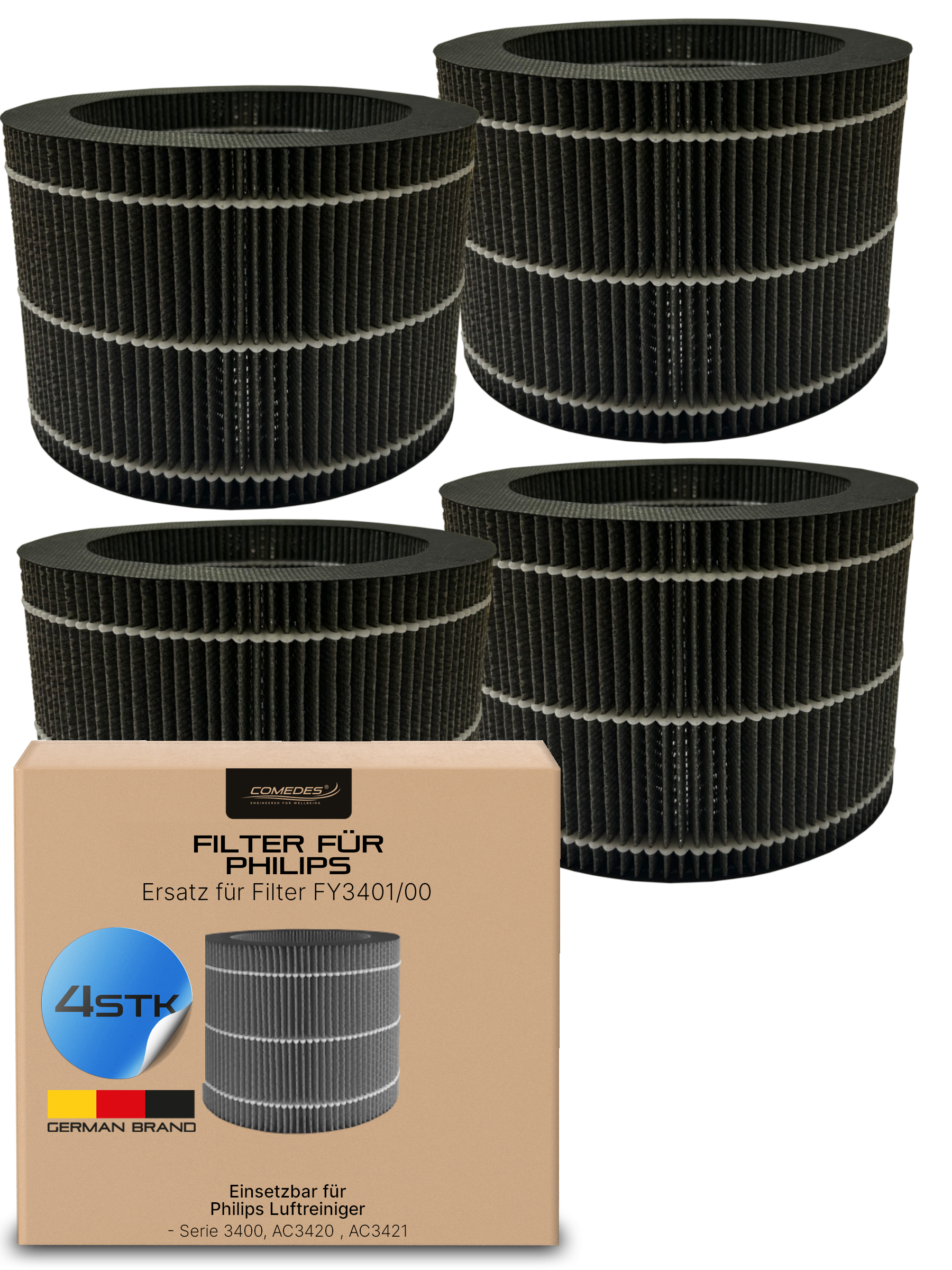 Vier runde schwarze Filter mit weißen Trennstäben, auf einer Packung.