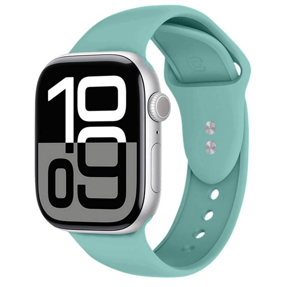 Uno smartwatch argentato con cinturino turchese mostra le 10:09.