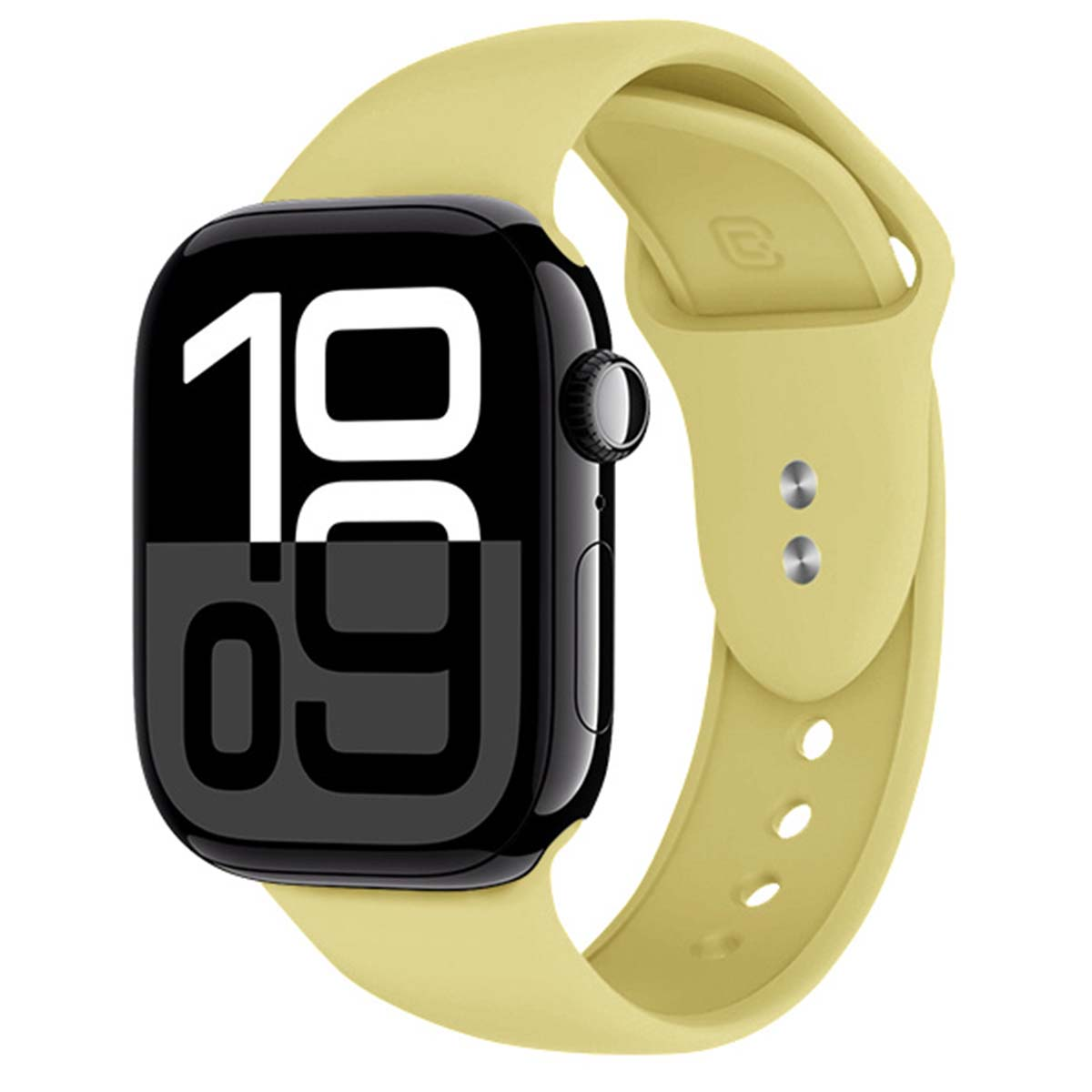 Uno smartwatch giallo con schermo nero che mostra le 10:09.
