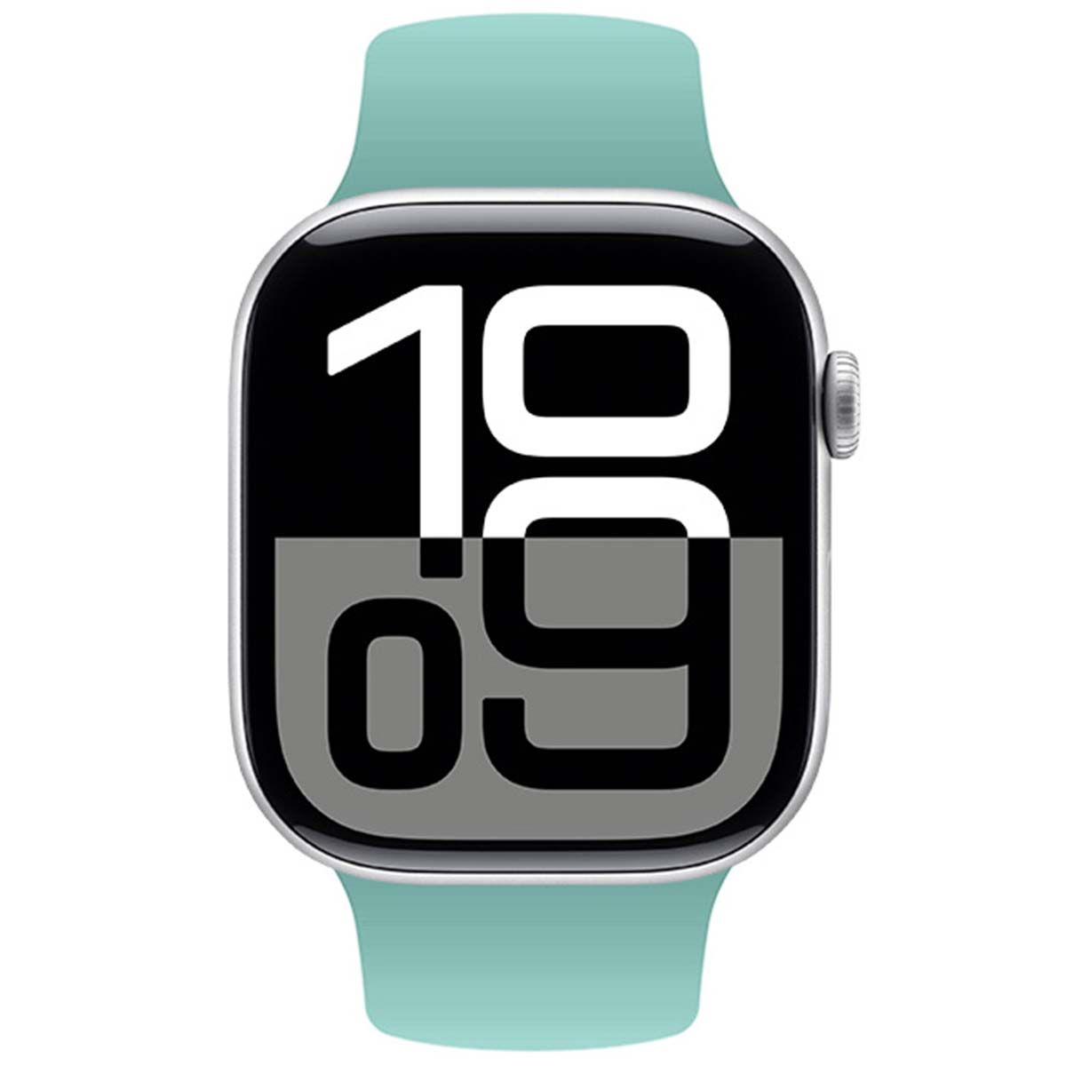 Uno smartwatch azzurro che mostra 10:09 digitalmente.