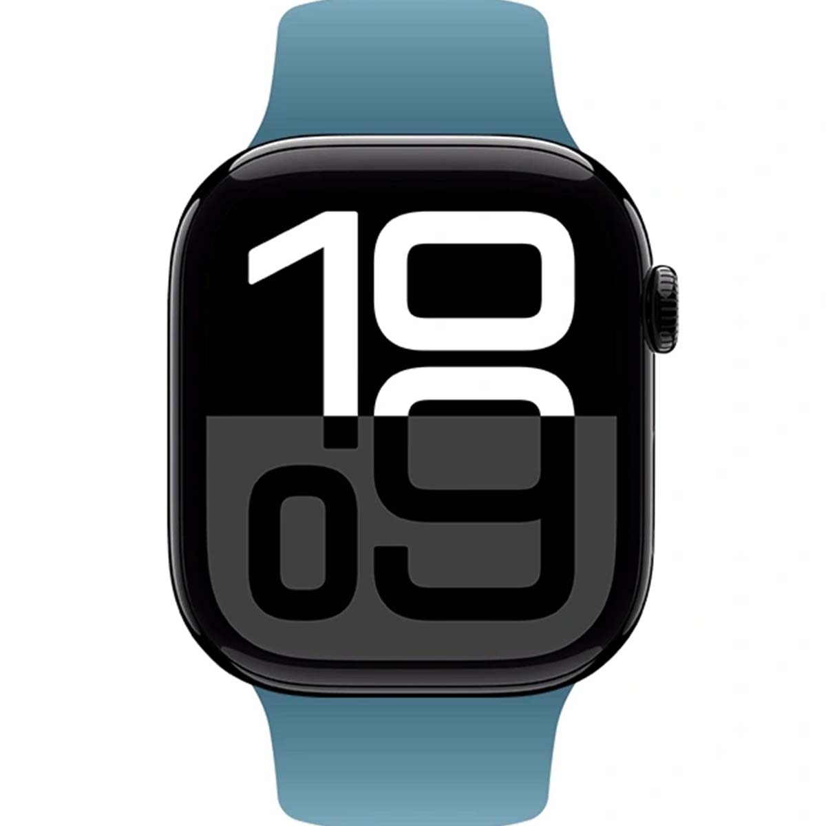 Un Apple Watch blu che mostra le 10:09 sul suo schermo nero.