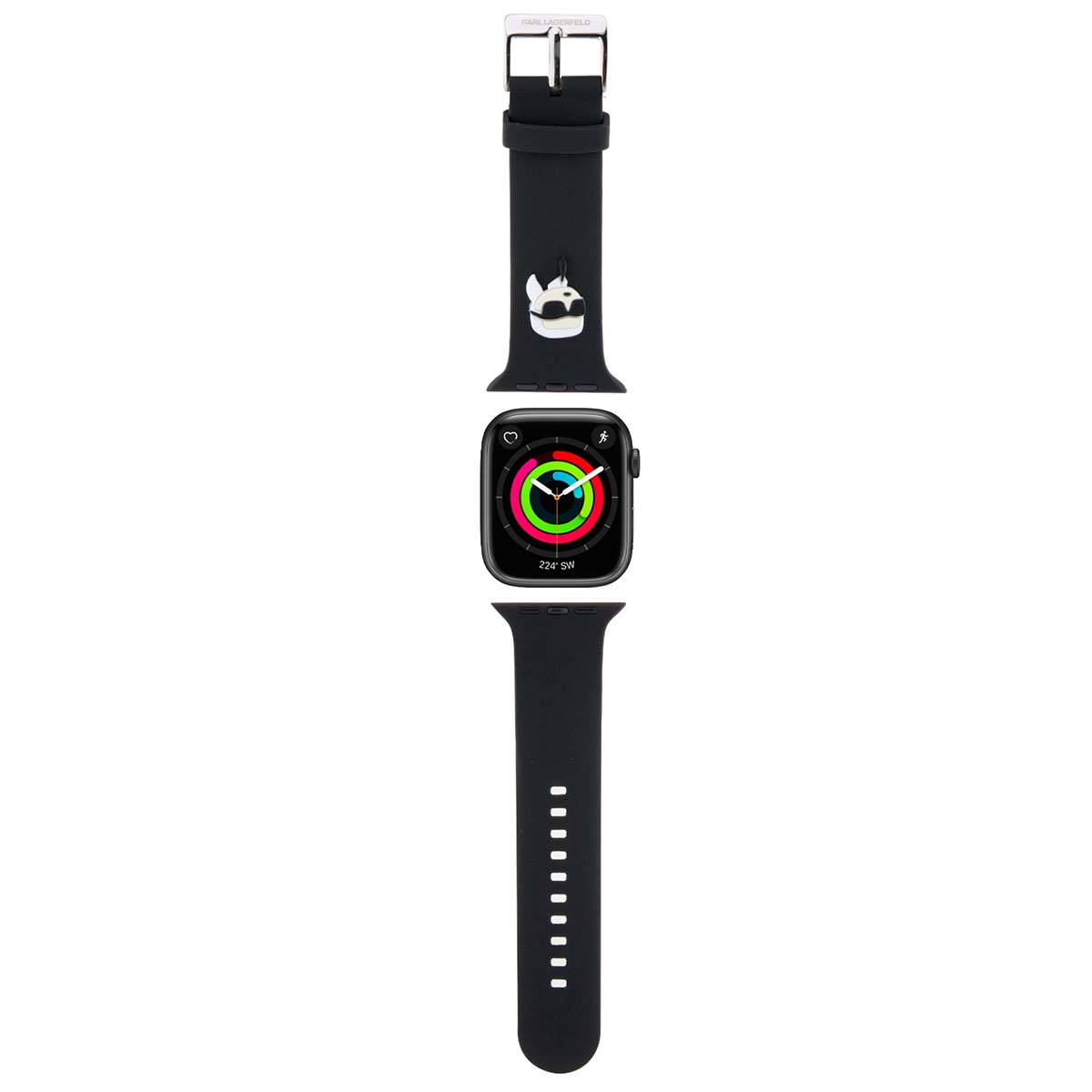Banda negra con logo de Karl Lagerfeld y charm de perro, junto a un smartwatch.