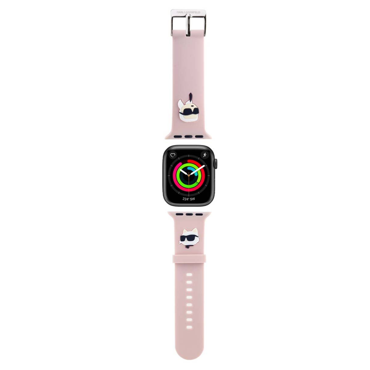 Cinturino rosa Apple Watch con logo Karl Lagerfeld e grafiche bulldog francese.