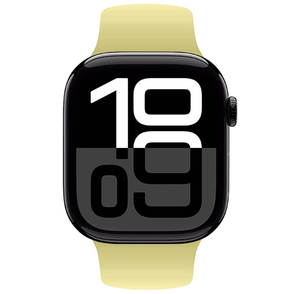 Uno smartwatch giallo mostra le 19:09 su schermo nero.