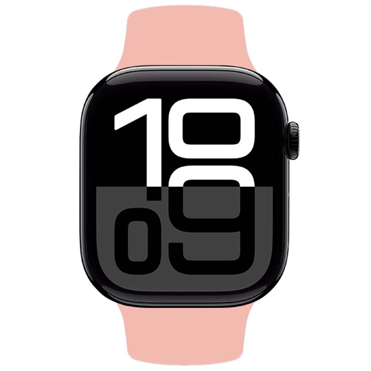 Un reloj inteligente rosa muestra las 10:09 en su pantalla negra.