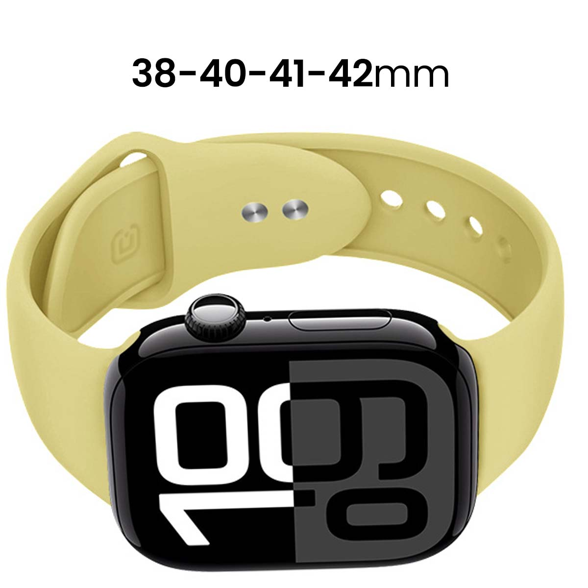 Cinturino giallo su uno smartwatch che mostra '10:09'. Testo '38-40-41-42mm' sopra.
