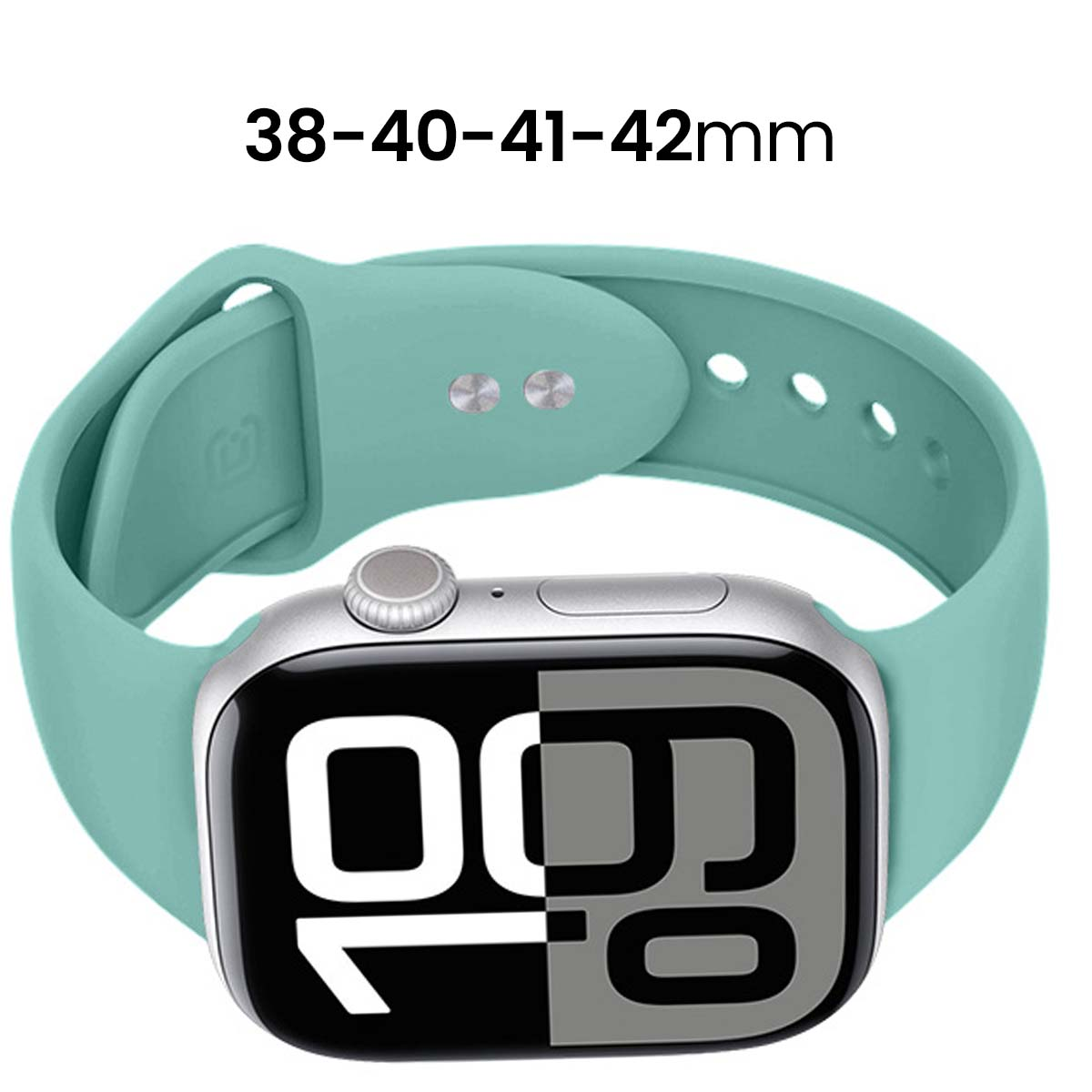 Un cinturino per orologio in silicone verde acqua circonda uno smartwatch argentato con display digitale.
