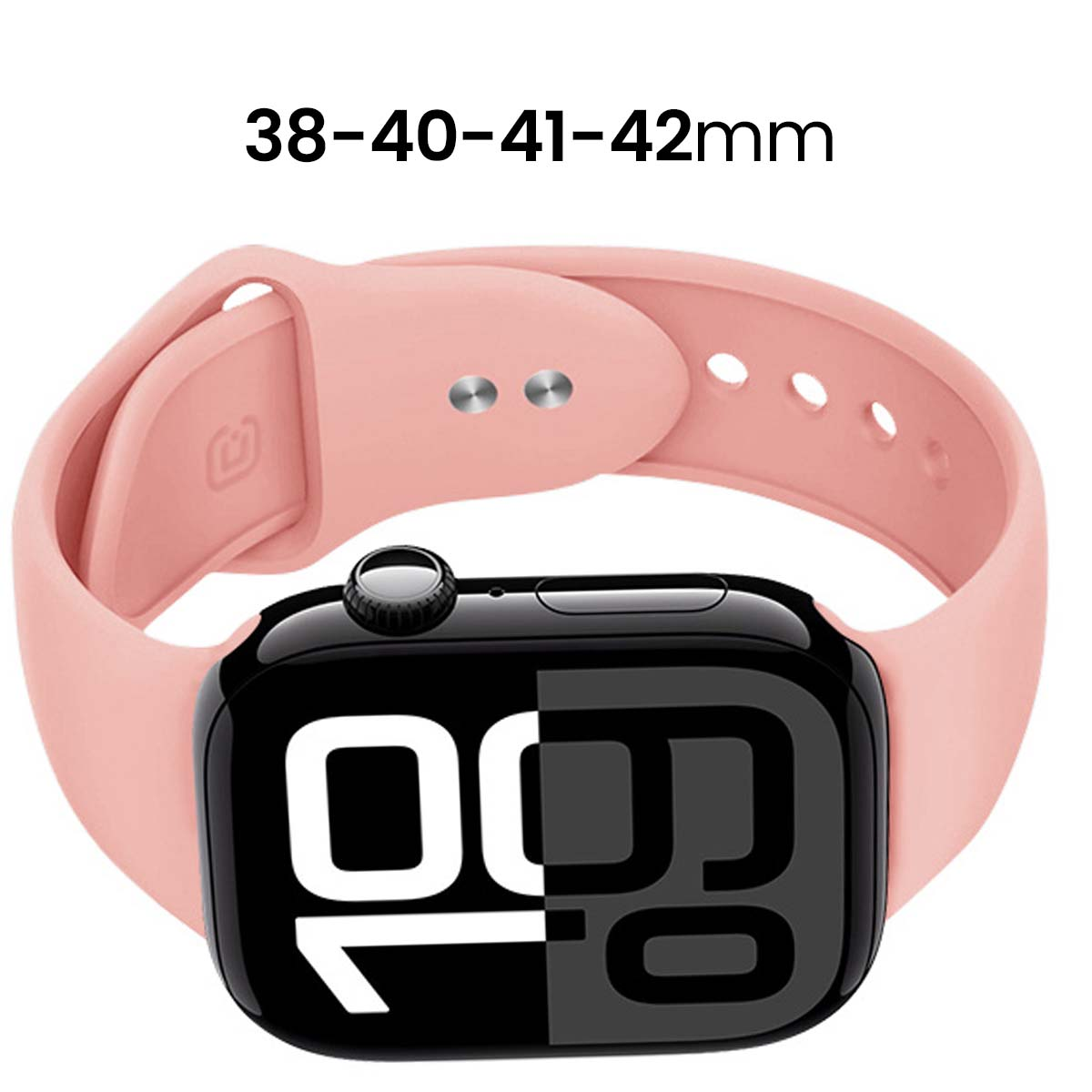 Una correa de reloj rosa está unida a un reloj inteligente negro con pantalla digital.
