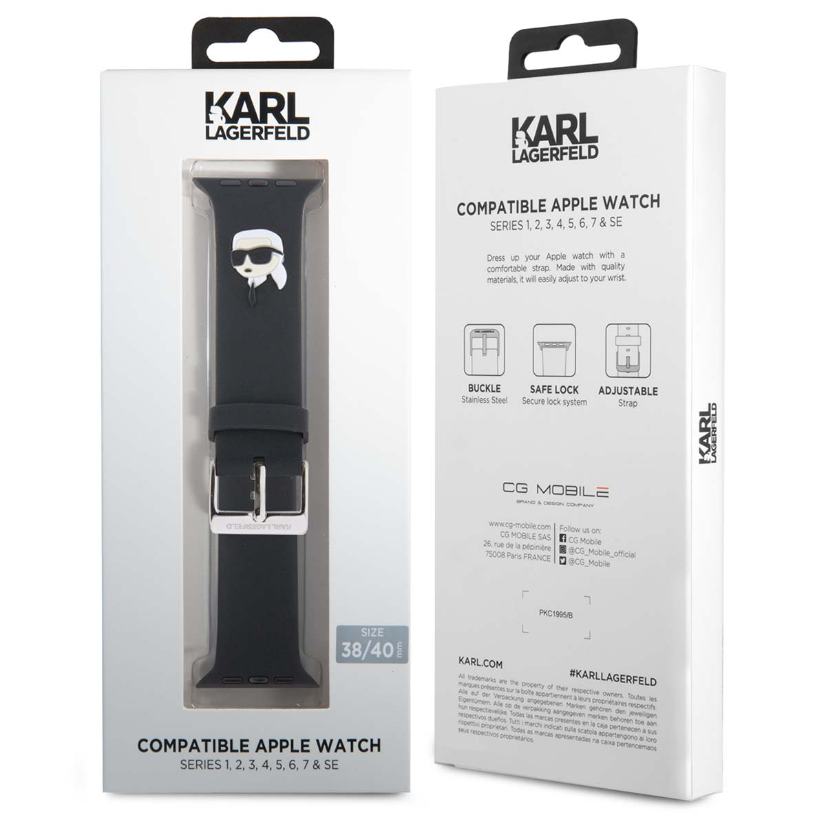 Banda Karl Lagerfeld para Apple Watch en empaque, negra con charm de rostro Karl.