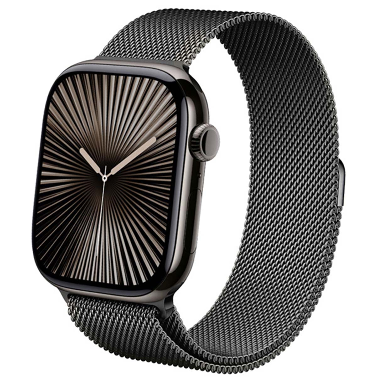 Uno smartwatch grigio scuro con motivo radiale unico sul quadrante e cinturino milanese.