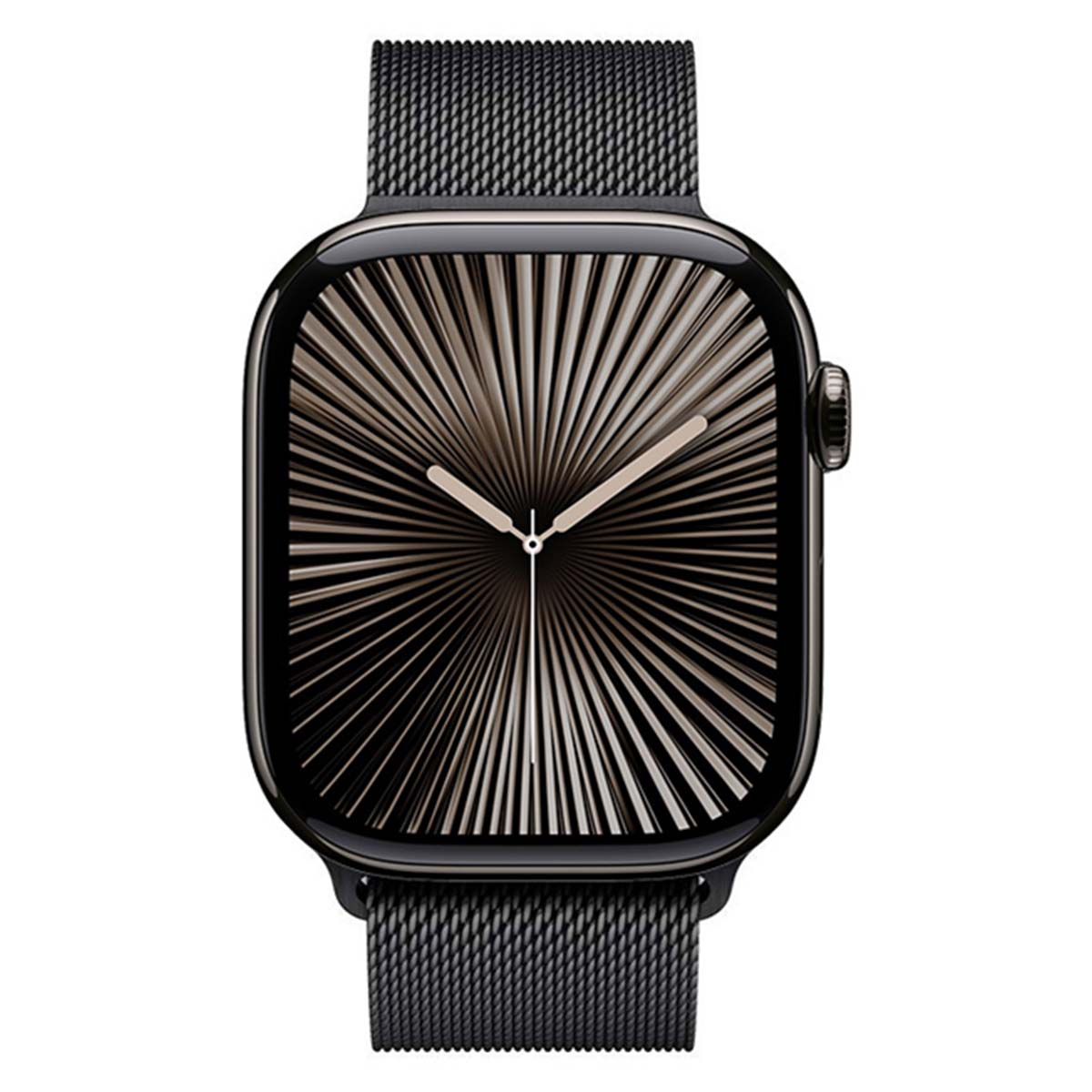 Un Apple Watch nero con quadrante a motivo radiale e cinturino Milanese.