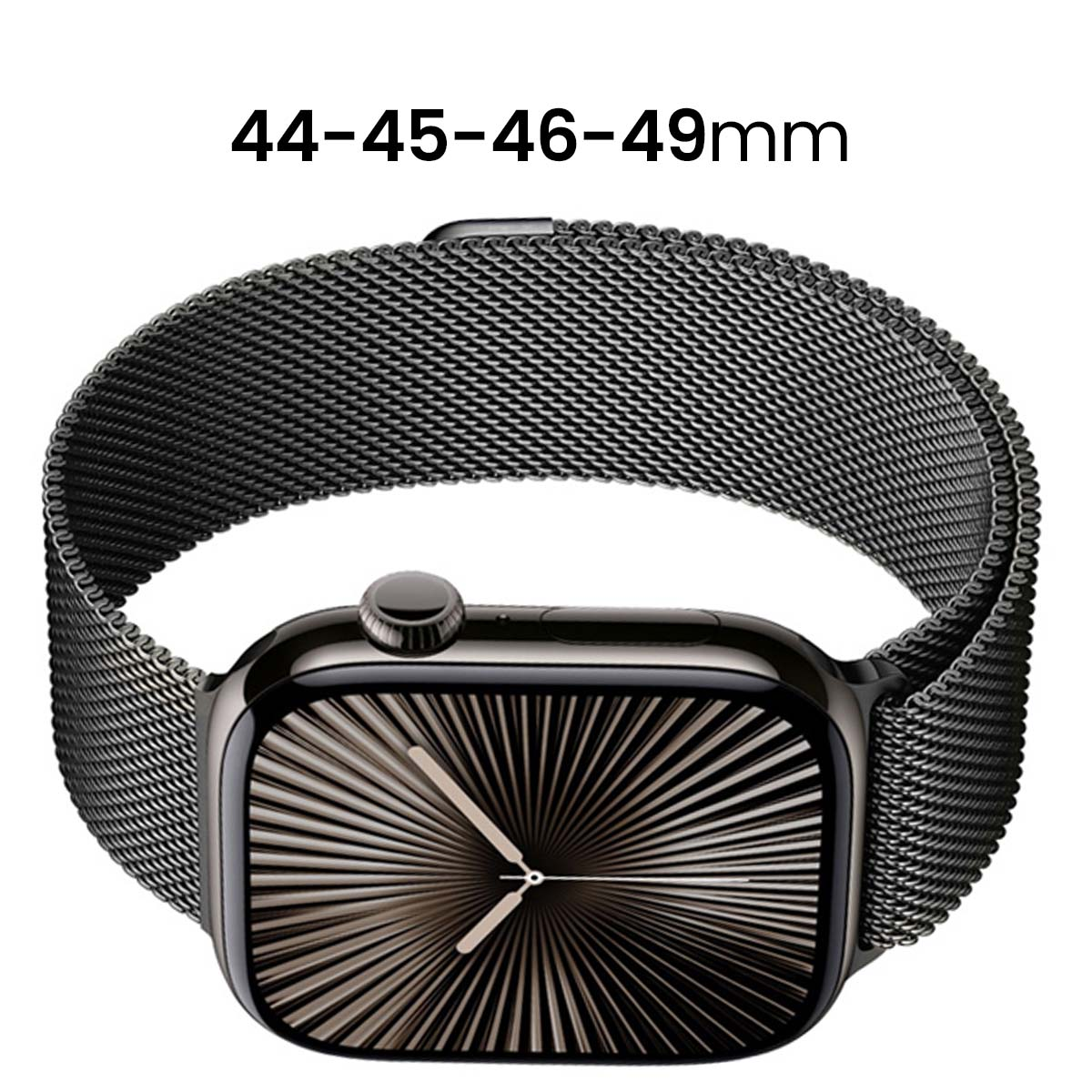 Un cinturino per orologio in rete metallica scura avvolge uno smartwatch con quadrante nero e design radiale.