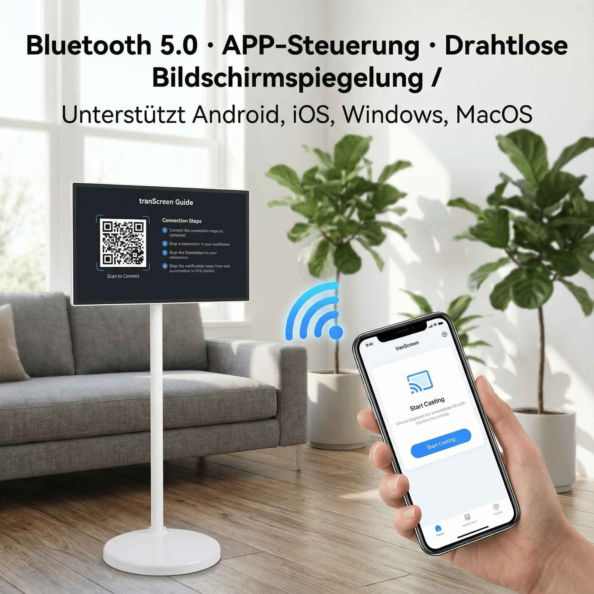 Ein Smartphone verbindet sich mit einem Bildschirm über Bluetooth. Anleitung auf dem Bildschirm.