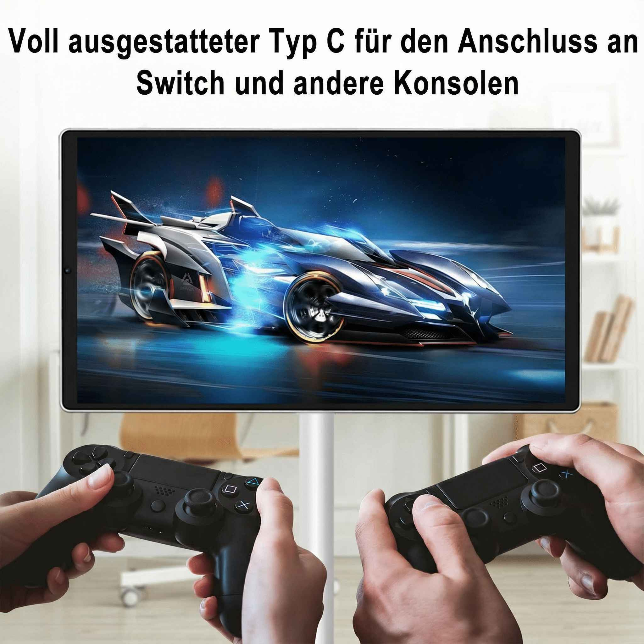 Zwei Hände halten schwarze Controller und spielen ein Spiel auf einem Bildschirm mit einem futuristischen Auto.