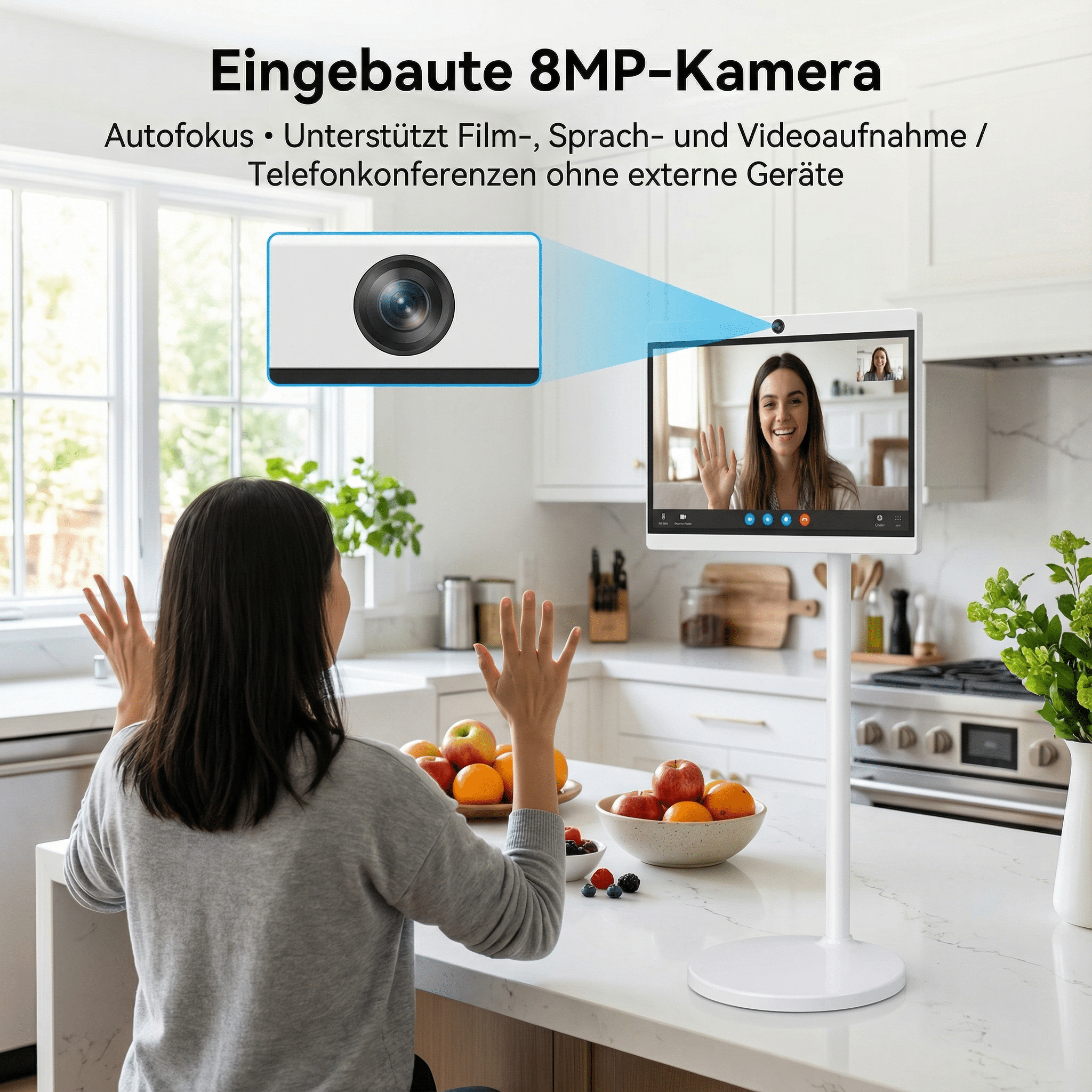 Eine Frau in einer Küche winkt bei einem Videoanruf auf einem Bildschirm. Text beschreibt eine 8MP-Kamera.