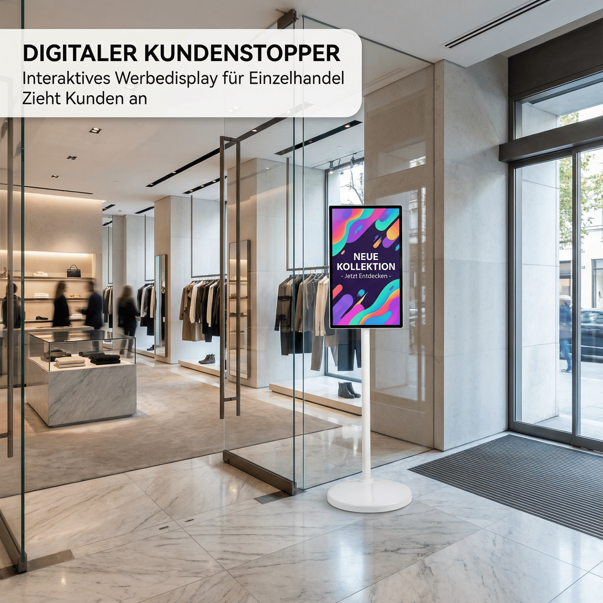 Digitales Schild im Geschäft zeigt 'Neue Kollektion' mit bunten abstrakten Formen.