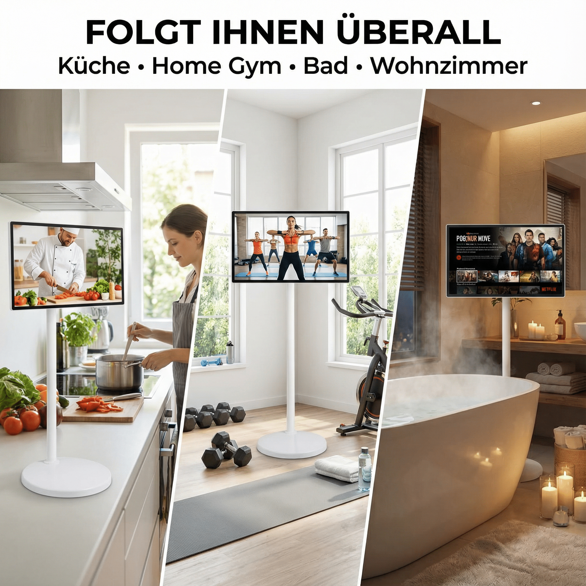 Ein TV auf einem Standfuß in Küche, Home Gym und Bad.