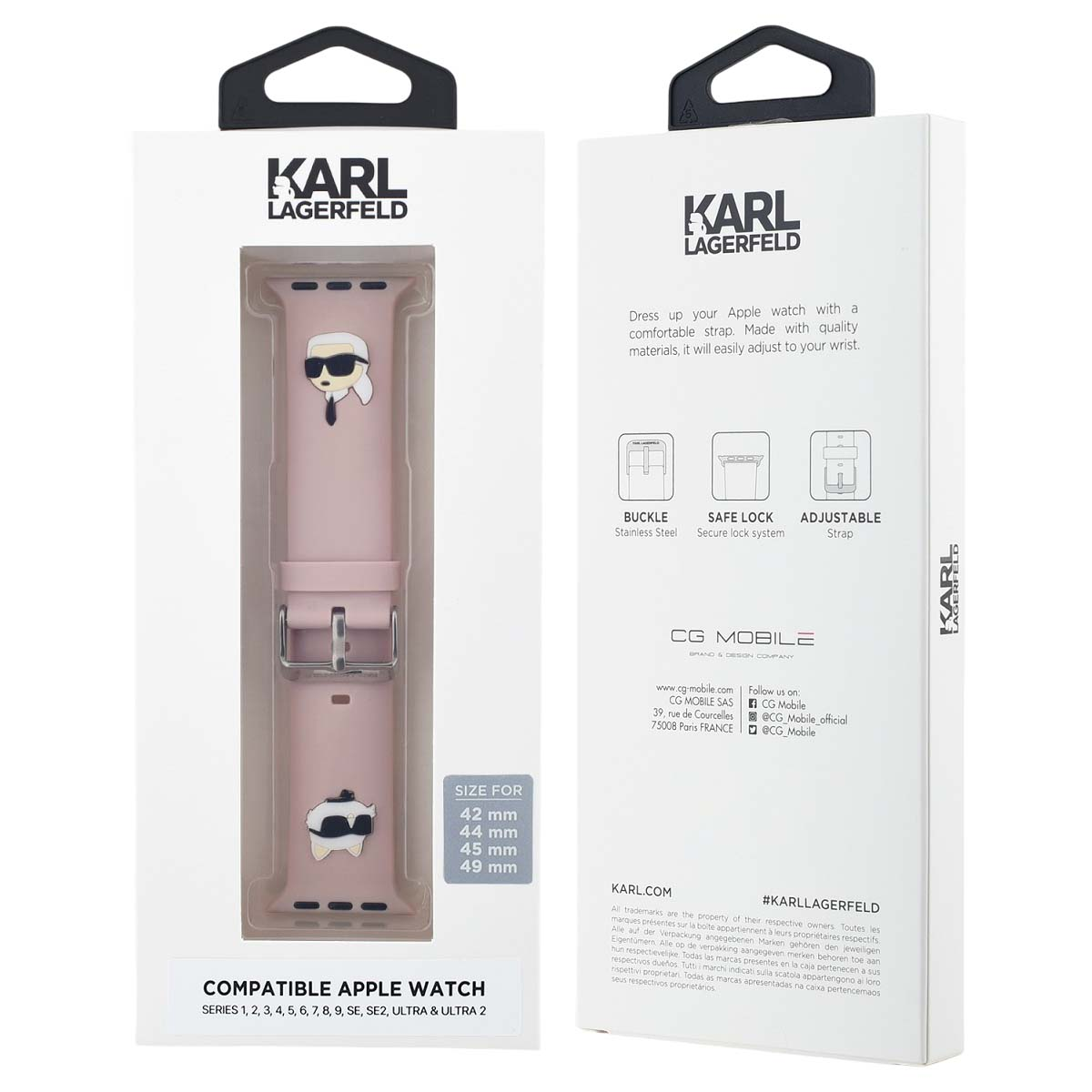 Correa rosa para Apple Watch con diseño Karl Lagerfeld, en embalaje.