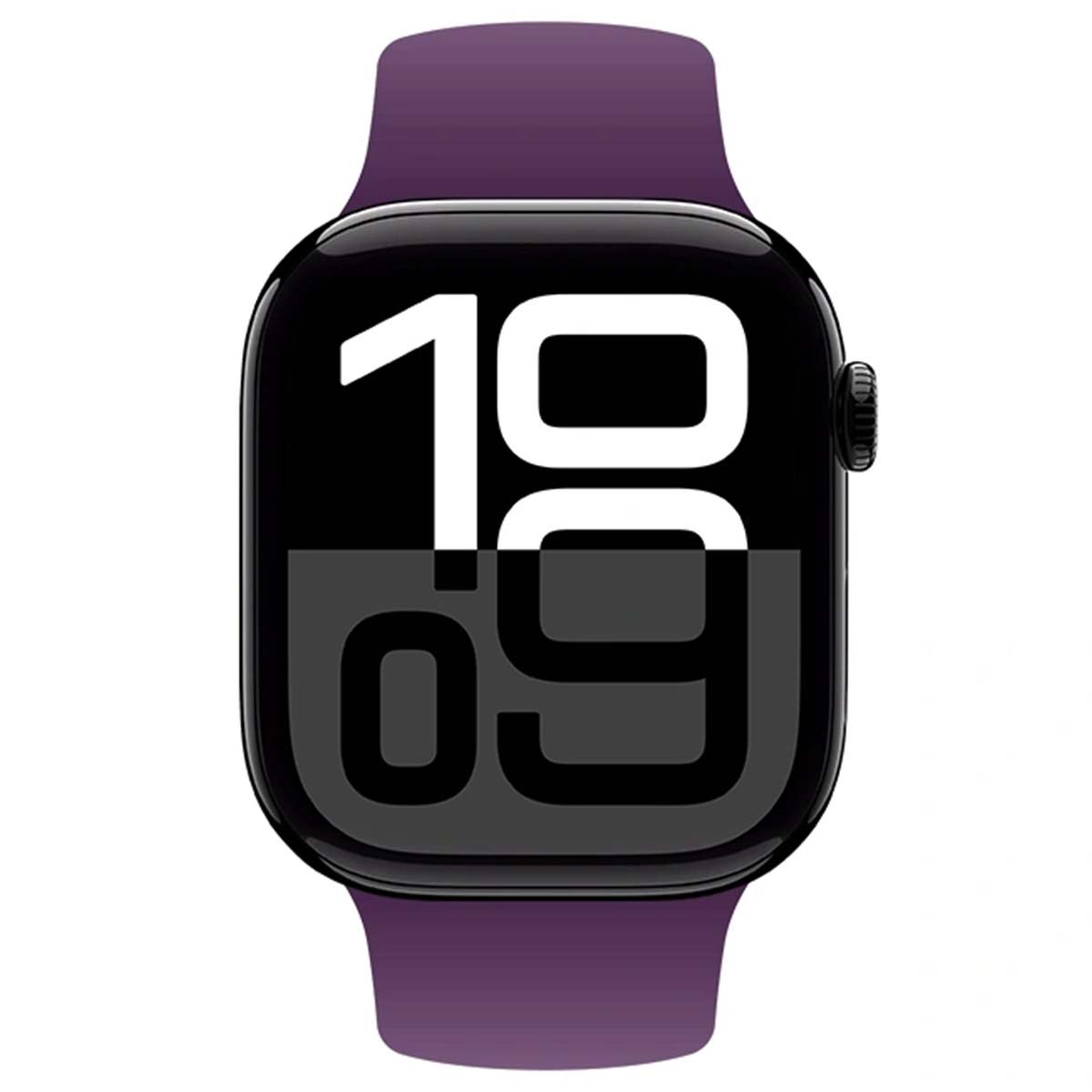 Uno smartwatch moderno con cinturino viola mostra le 10:09 sul suo schermo nero.