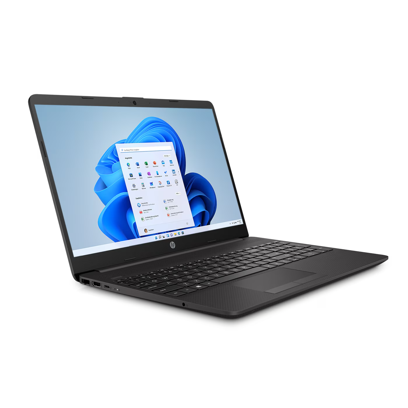 Ein schwarzer HP Laptop mit einer Windows 11-Oberfläche auf dem Bildschirm.