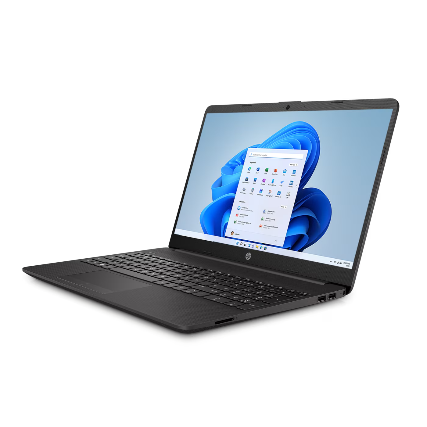 Ein dunkelgraues HP-Laptop mit dem Windows 11-Startmenü auf dem Bildschirm.