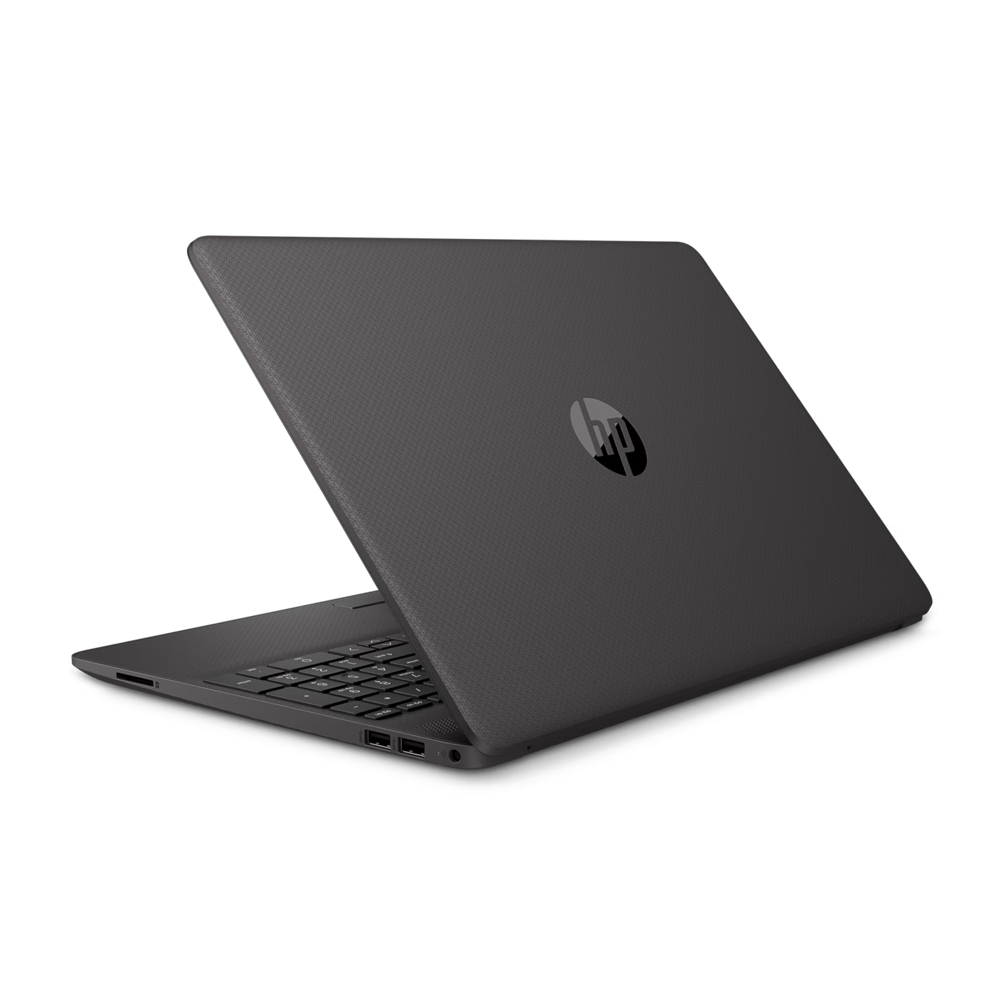 Ein geschlossener grauer HP Laptop mit strukturiertem Deckel und beleuchtetem Logo.