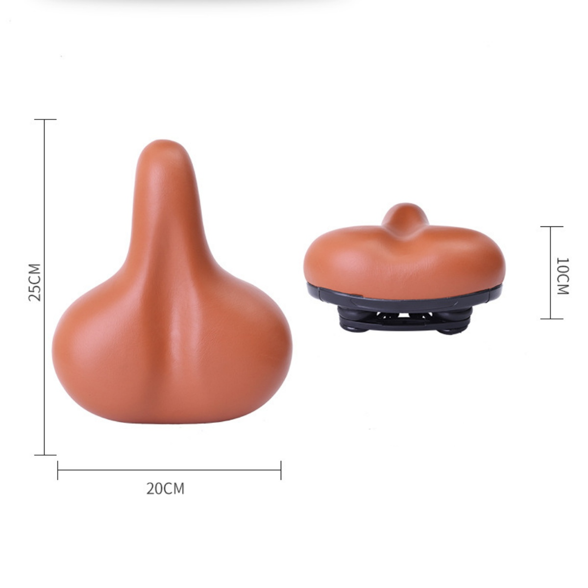 Zwei braune Fahrradsitze mit Maßen. Einer ist 25cm hoch, der andere 10cm.