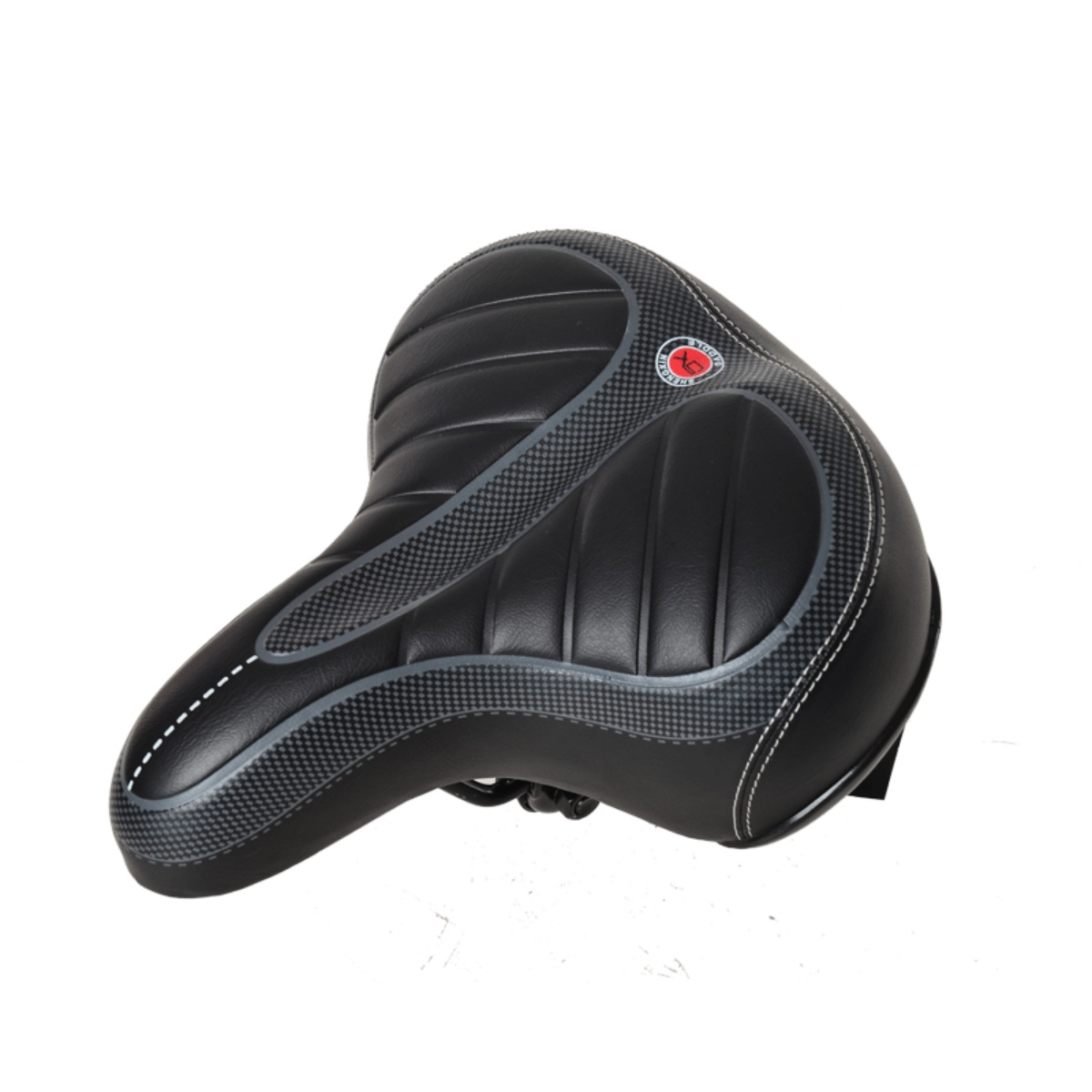 Schwarzer Fahrradsattel mit grauen Carbonfaser-Akzenten und weißen Nähten.