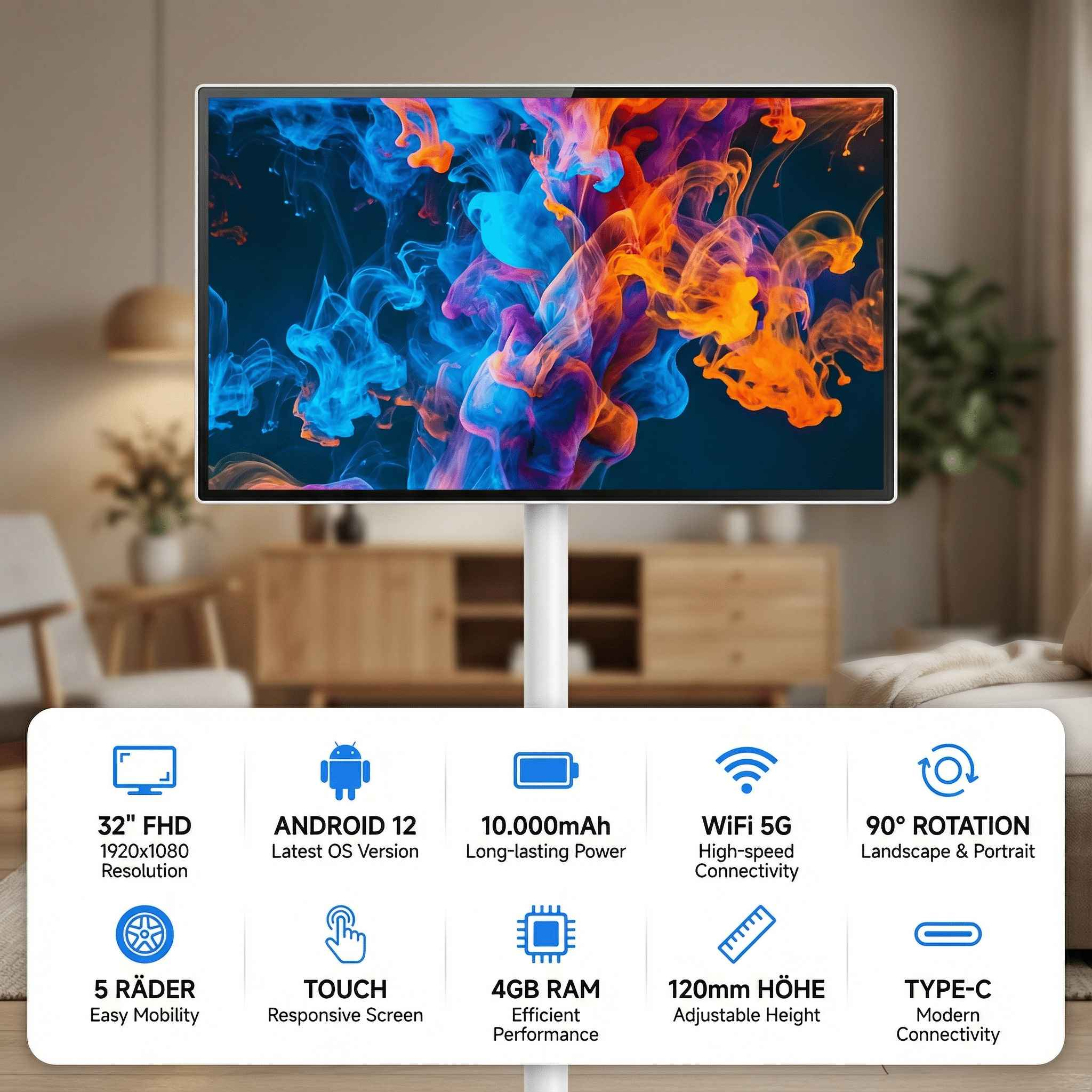 32" FHD Android 12 TV mit 10000mAh Akku, WiFi 5G, 90° Drehung.