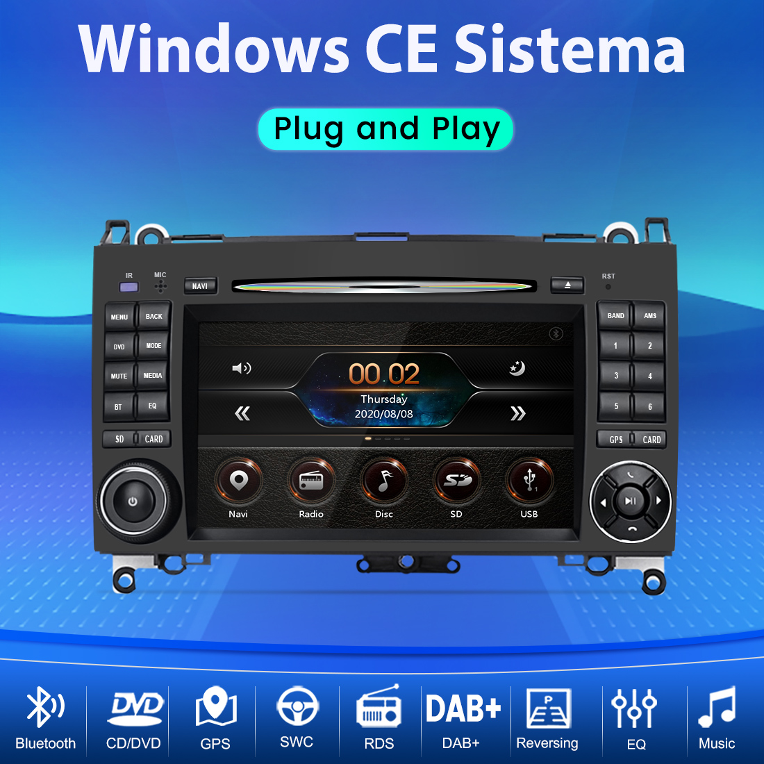 Autoradio mit Touchscreen, Tasten und Symbolen für Navigation, Medien und Einstellungen.