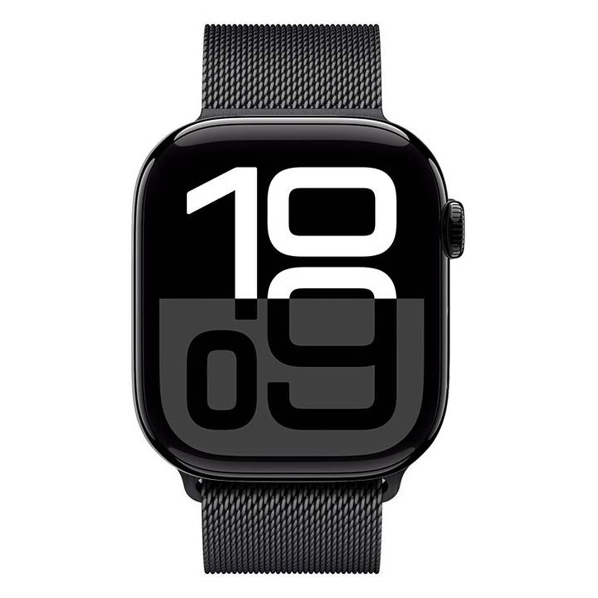 Reloj inteligente negro con banda de metal muestra la hora 10:09.