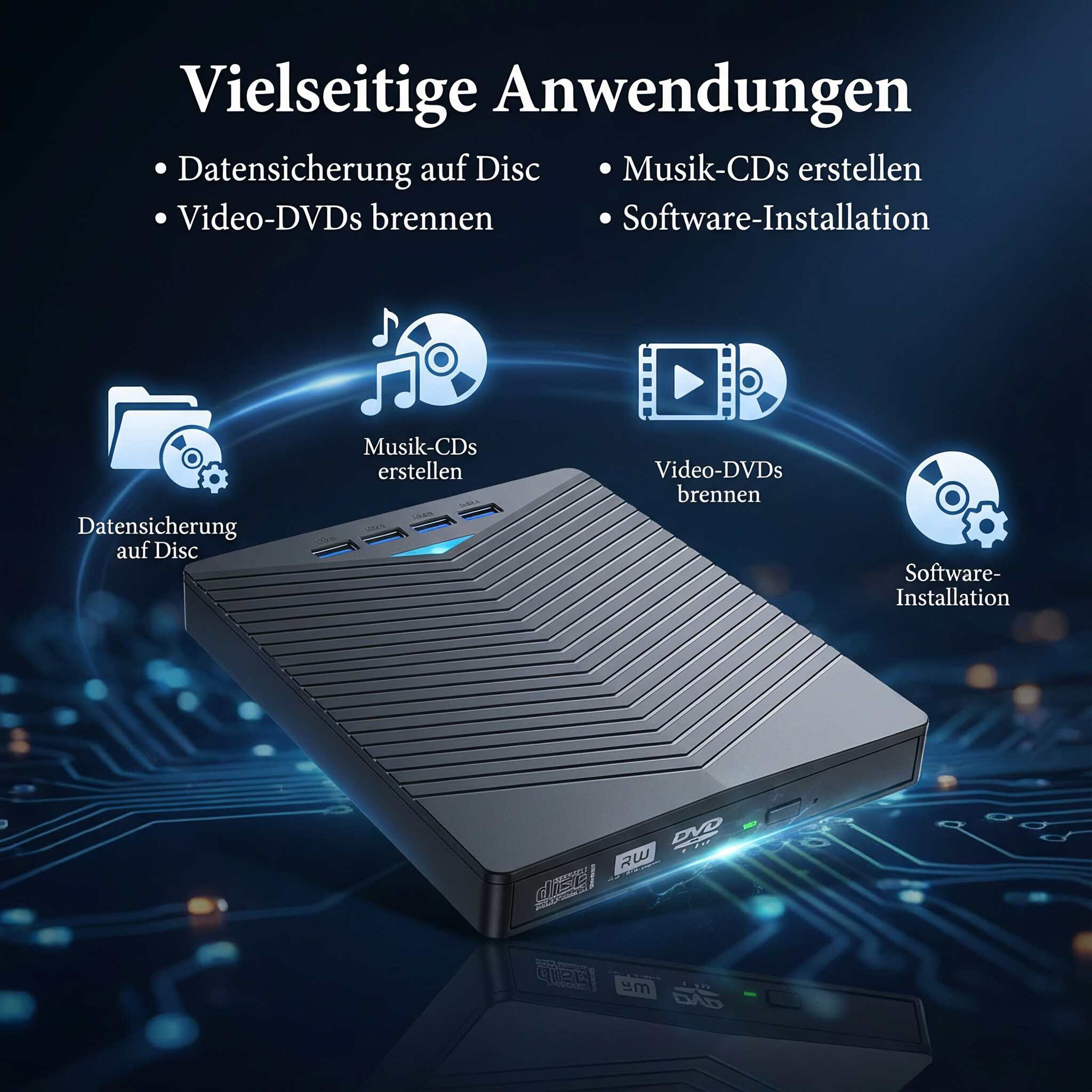 Ein dunkles optisches Laufwerk mit Symbolen für Datensicherung, Musik, Video und Softwareinstallation.