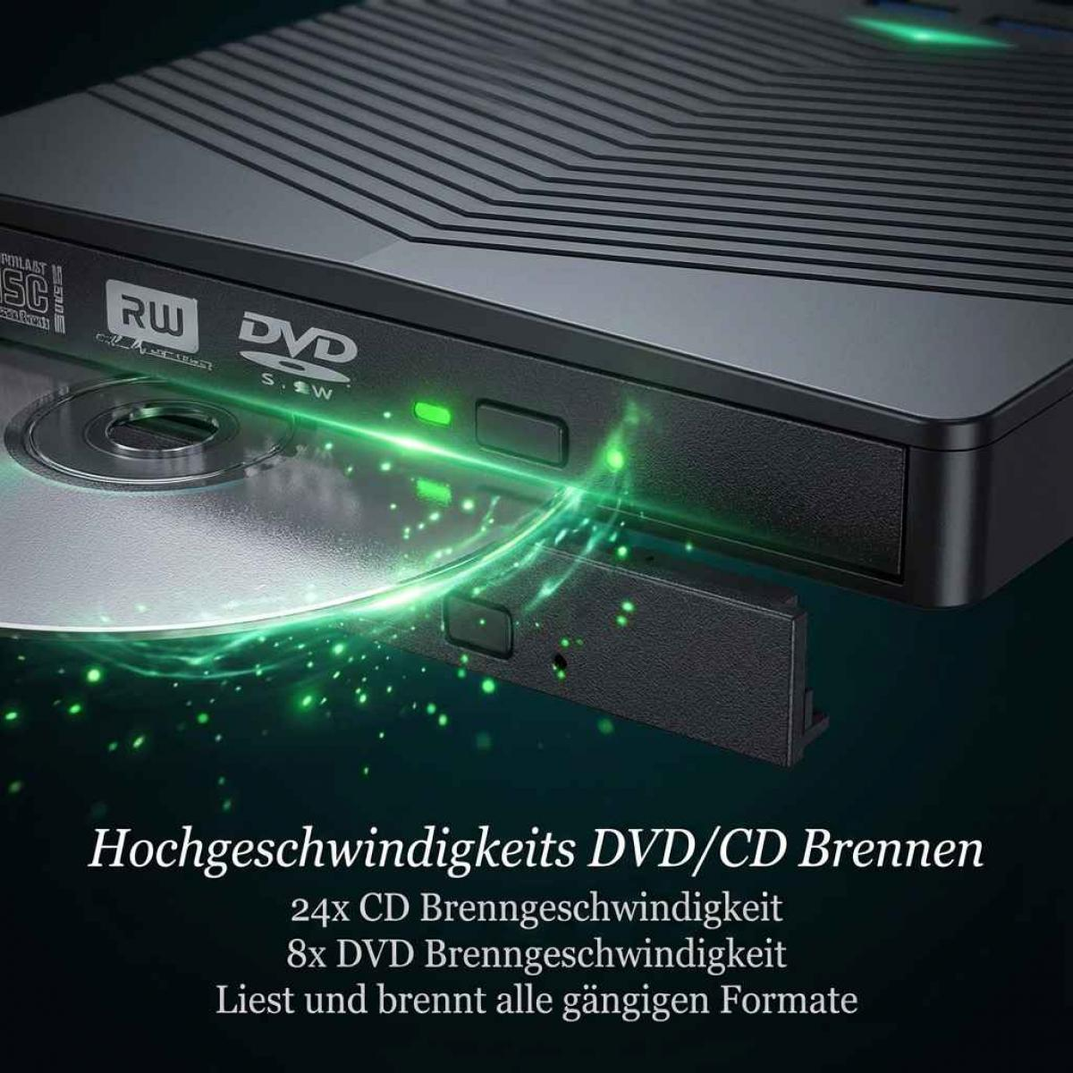 Externer DVD/CD-Brenner mit geöffnetem Disc-Schlitten, zeigt grüne Lichter und Dateneffekte.