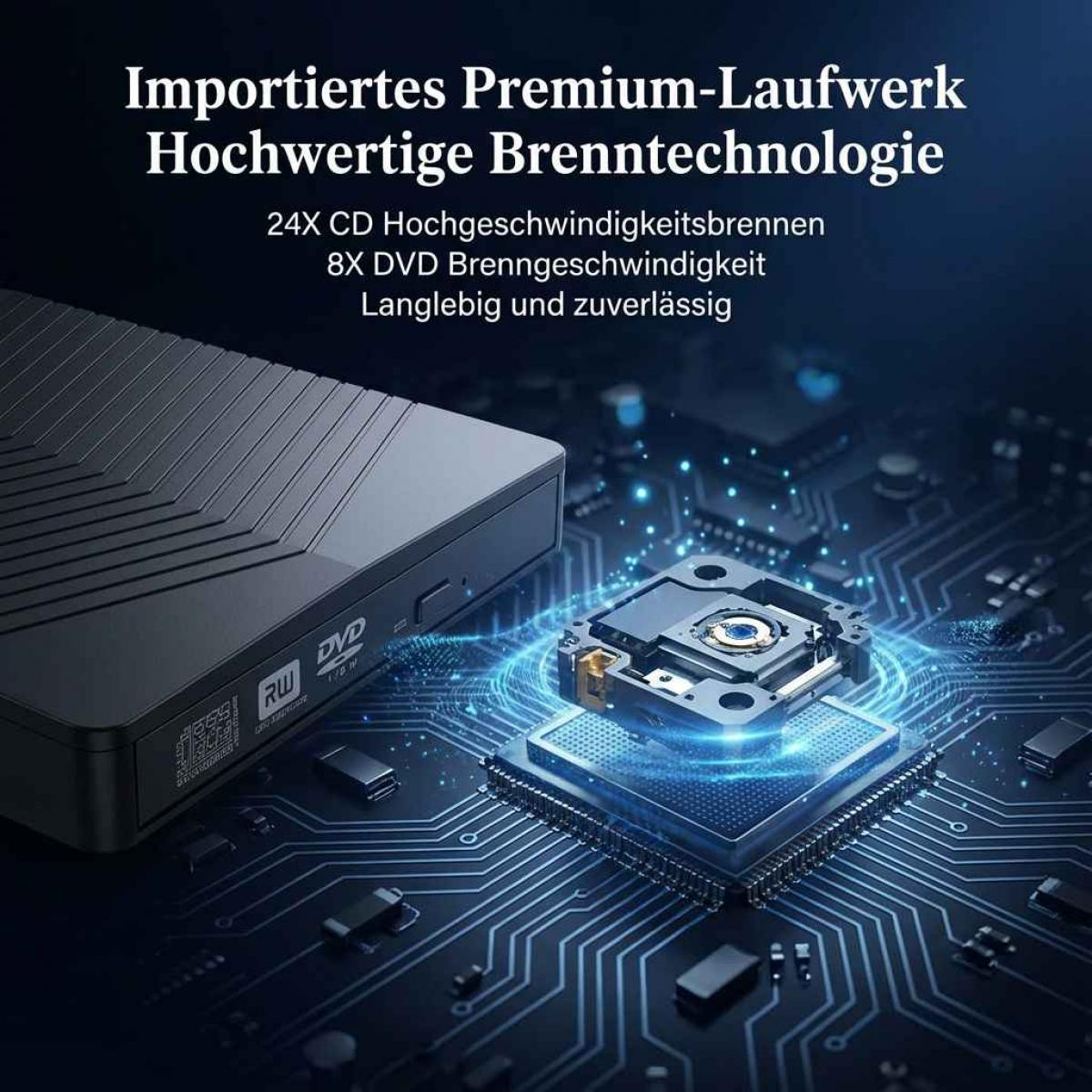 Ein DVD-Laufwerk und eine Leiterplatte mit leuchtend blauen Linien. Text hebt Premium-Laufwerk und Brenntechnologie hervor.