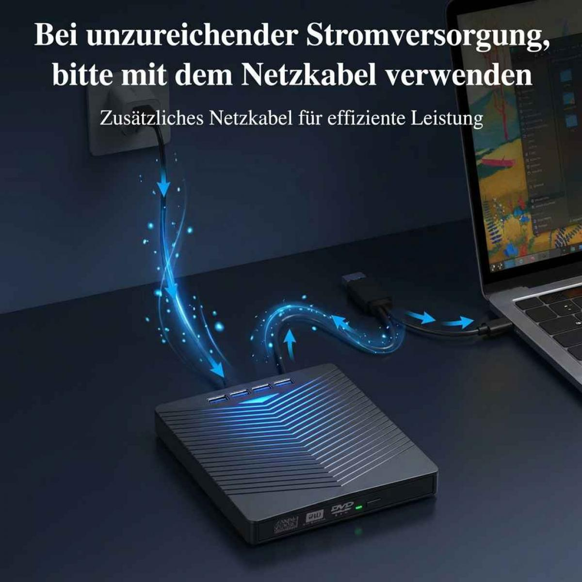 Ein schwarzes DVD-Laufwerk wird per USB an einen Laptop angeschlossen. Blauer Lichtschein geht vom Laufwerk und Kabel aus.