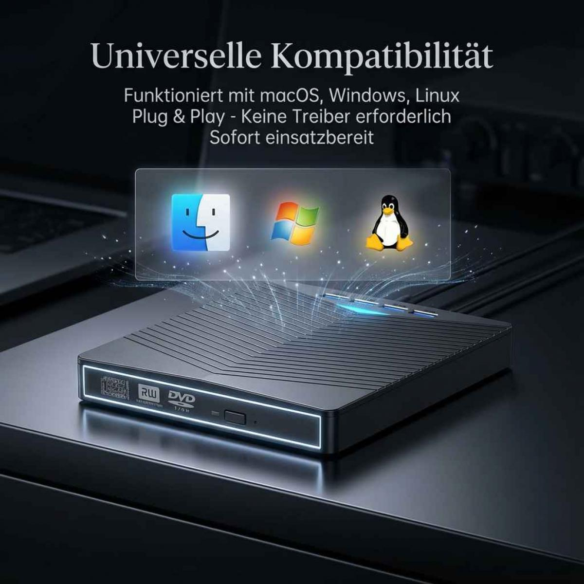 Externes Laufwerk kompatibel mit macOS, Windows, Linux. Plug & Play.