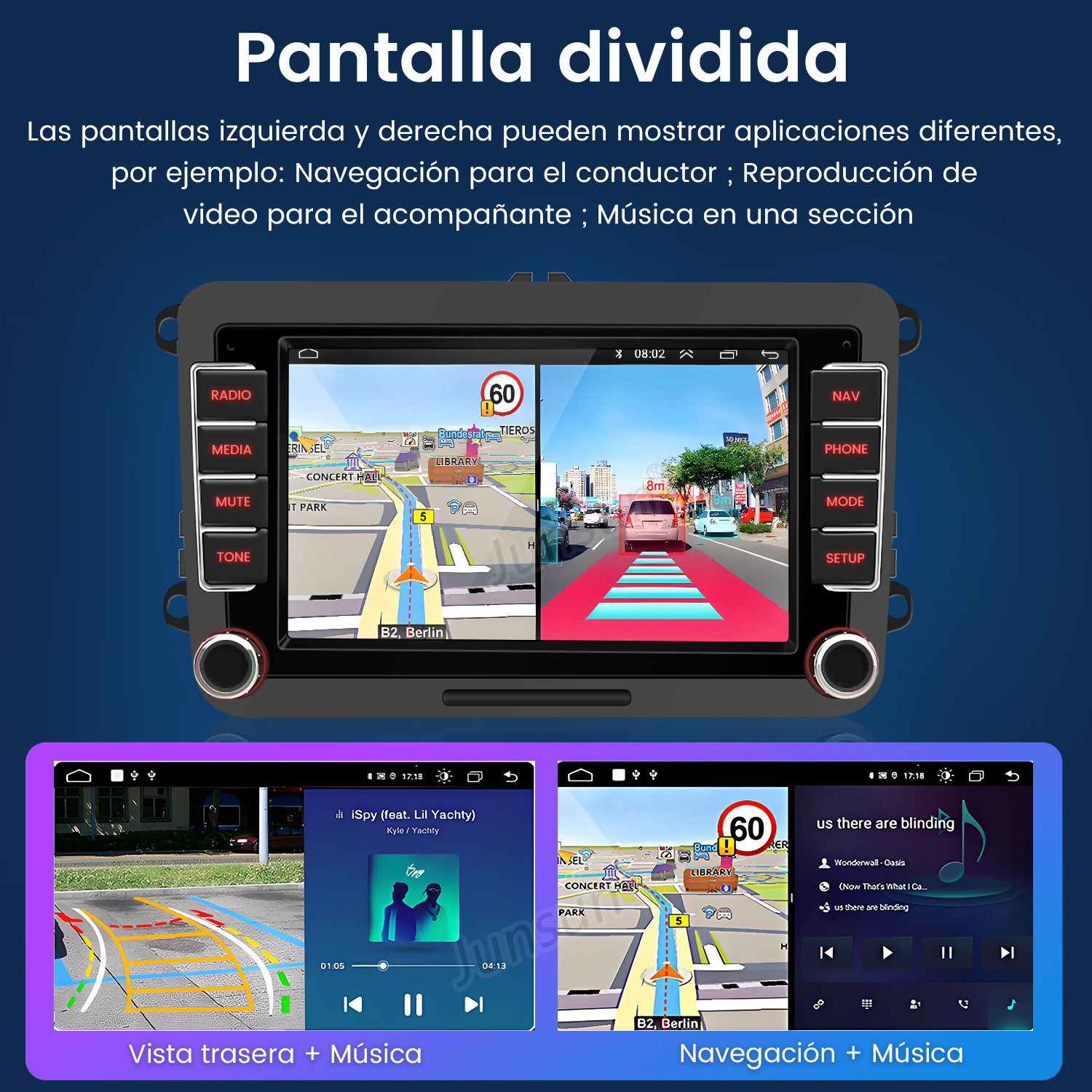 Sistema de infoentretenimiento para coche con pantalla dividida: navegación, cámara trasera, reproductor.