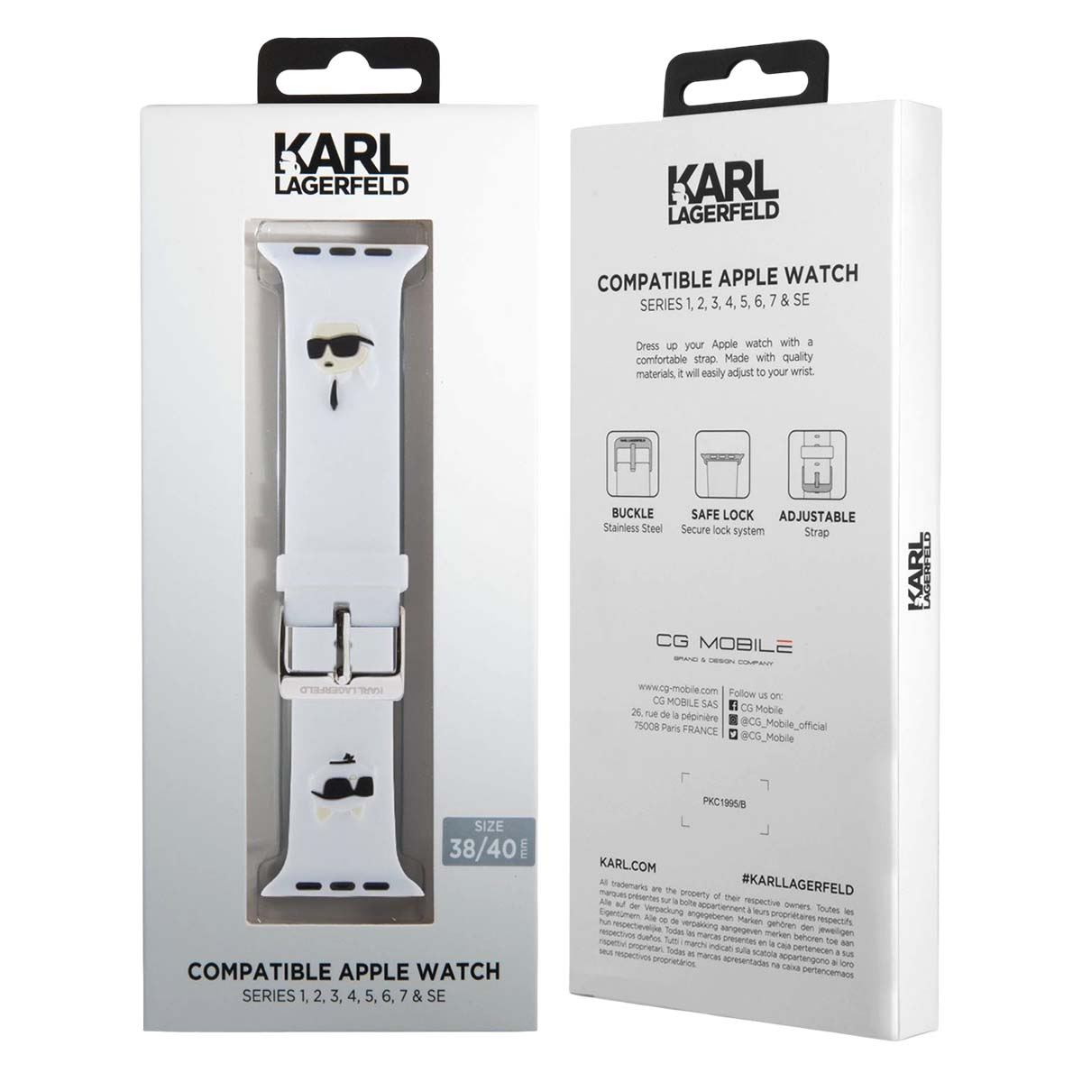 Correa blanca Karl Lagerfeld para Apple Watch en embalaje con figura de Karl.