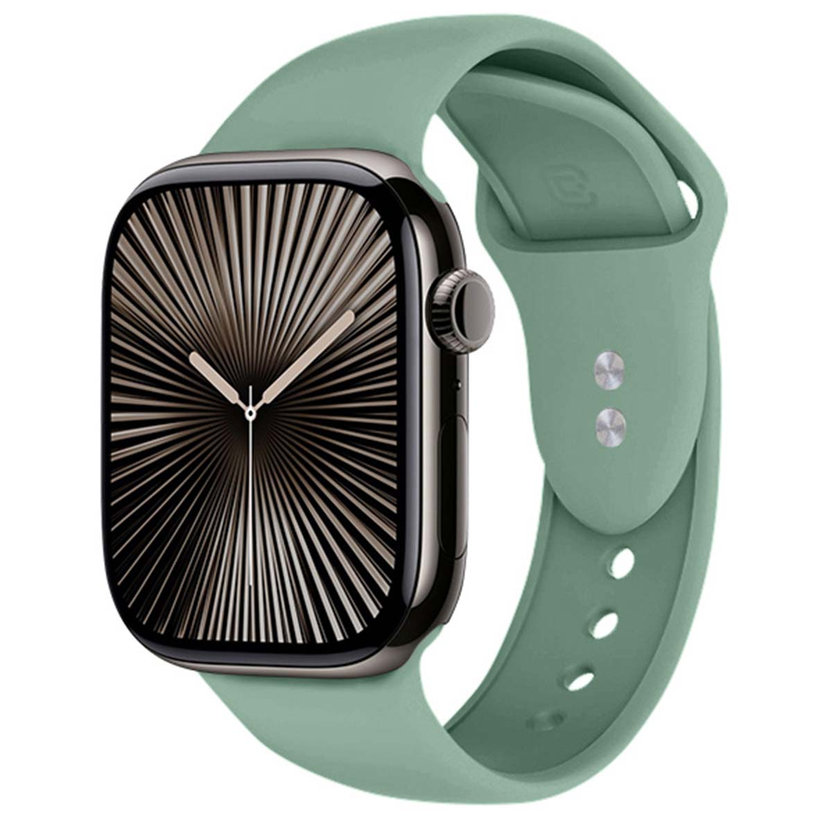 Uno smartwatch verde con quadrante scuro a motivo radiale.