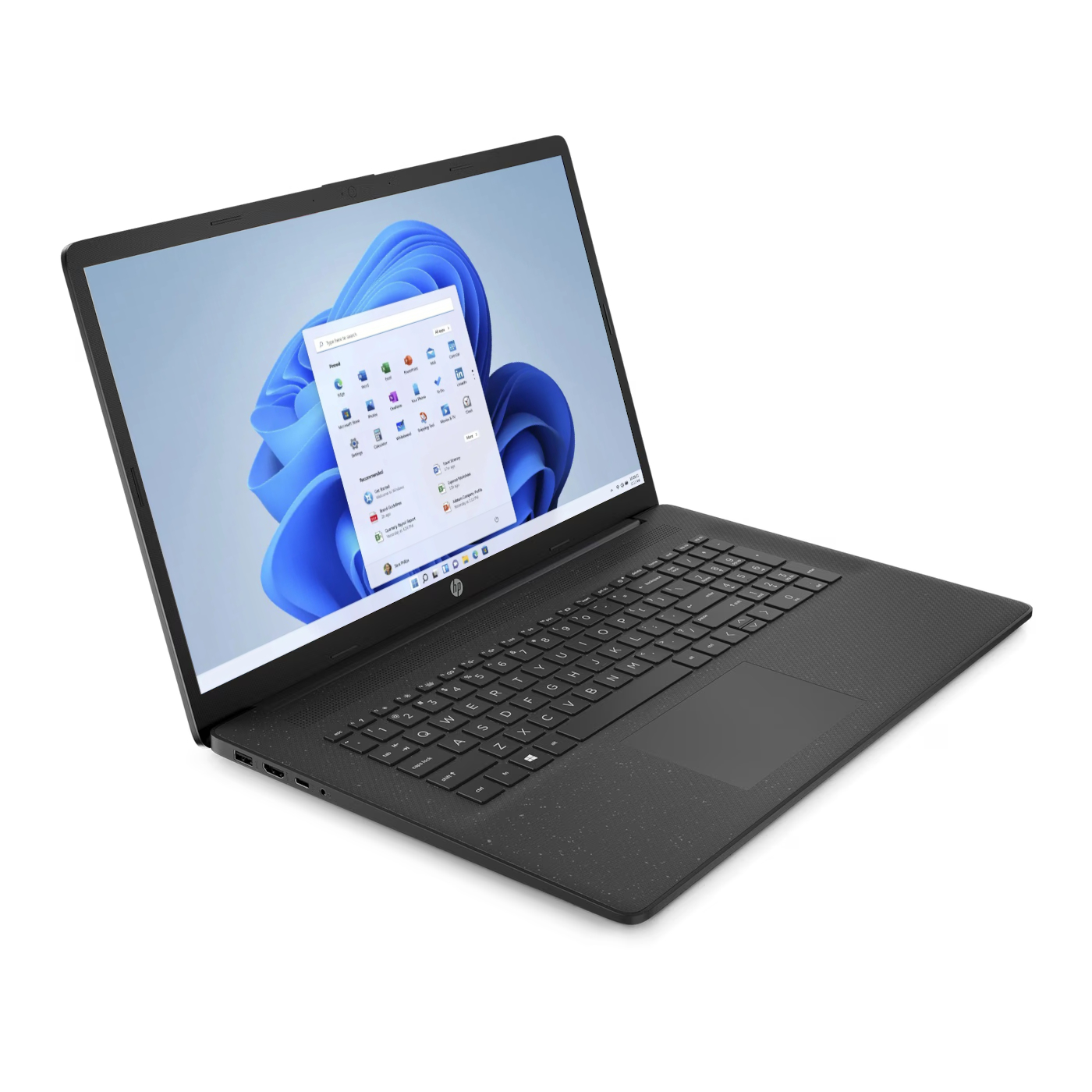 Schwarzer HP Laptop mit Windows 11 Startmenü auf dem Bildschirm.