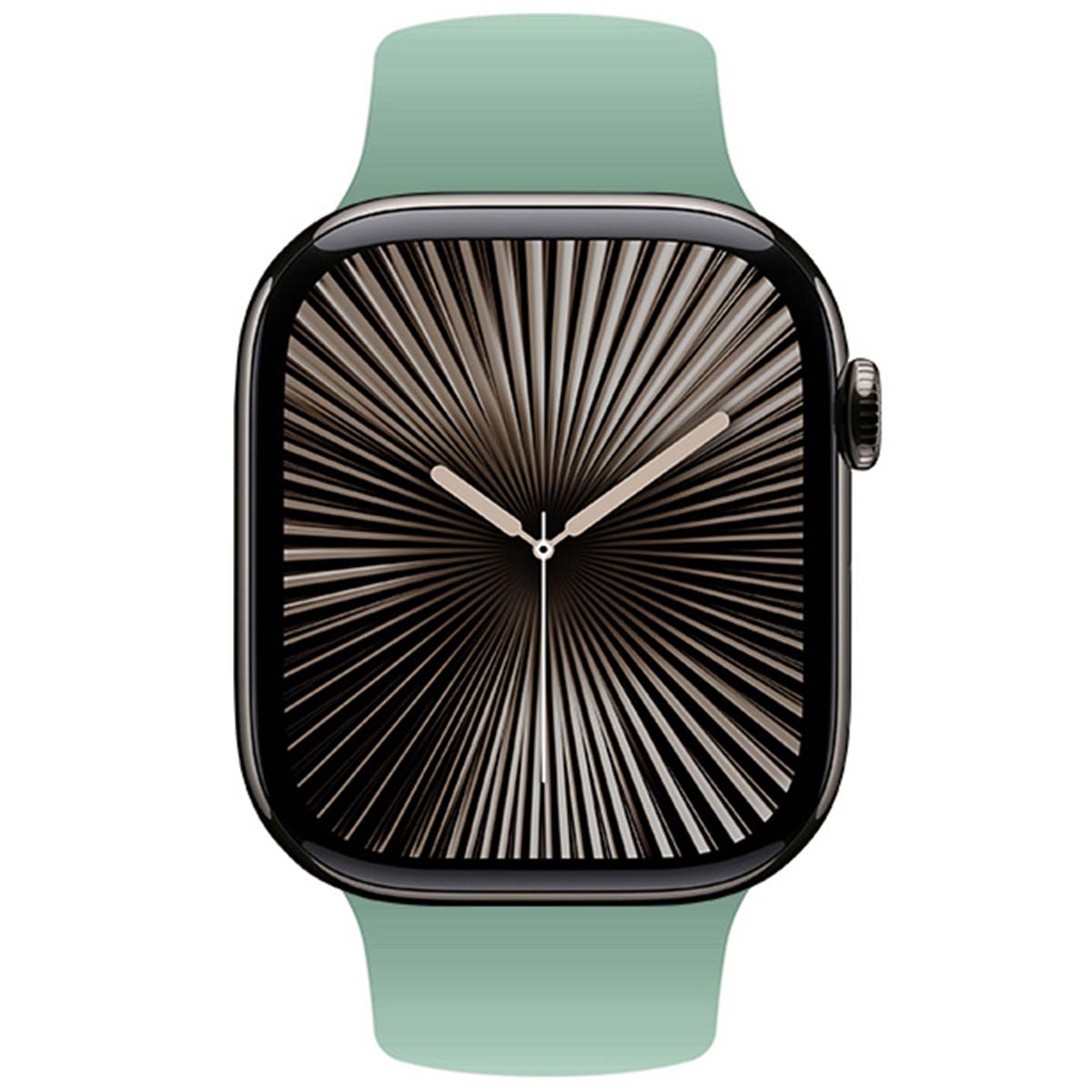 Uno smartwatch con cinturino verde acqua e quadrante nero con motivo a raggiera.