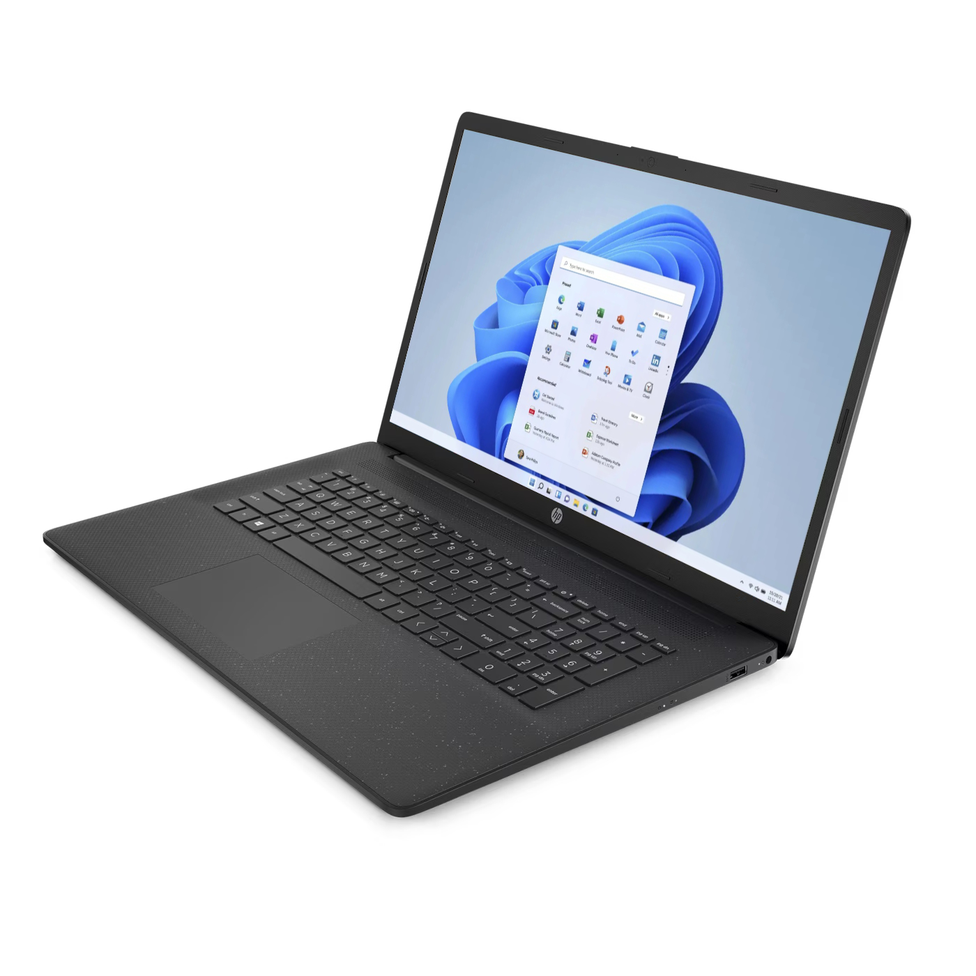 Ein schwarzer HP Laptop mit geöffnetem Windows 11 Startmenü auf dem Bildschirm.