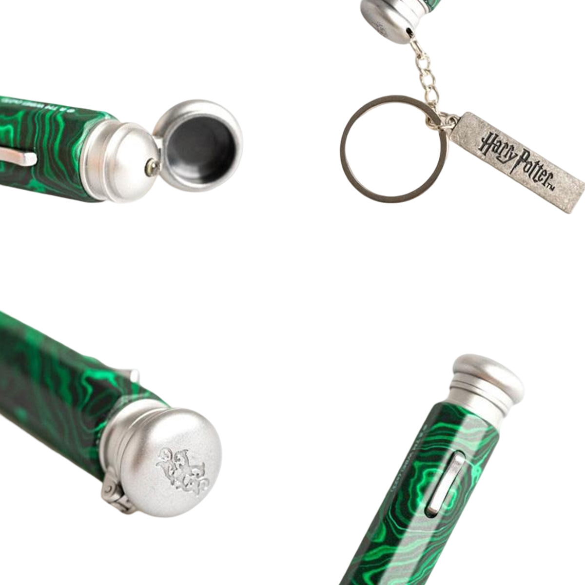 Penna verde con motivo malachite e portachiavi argentato Harry Potter.