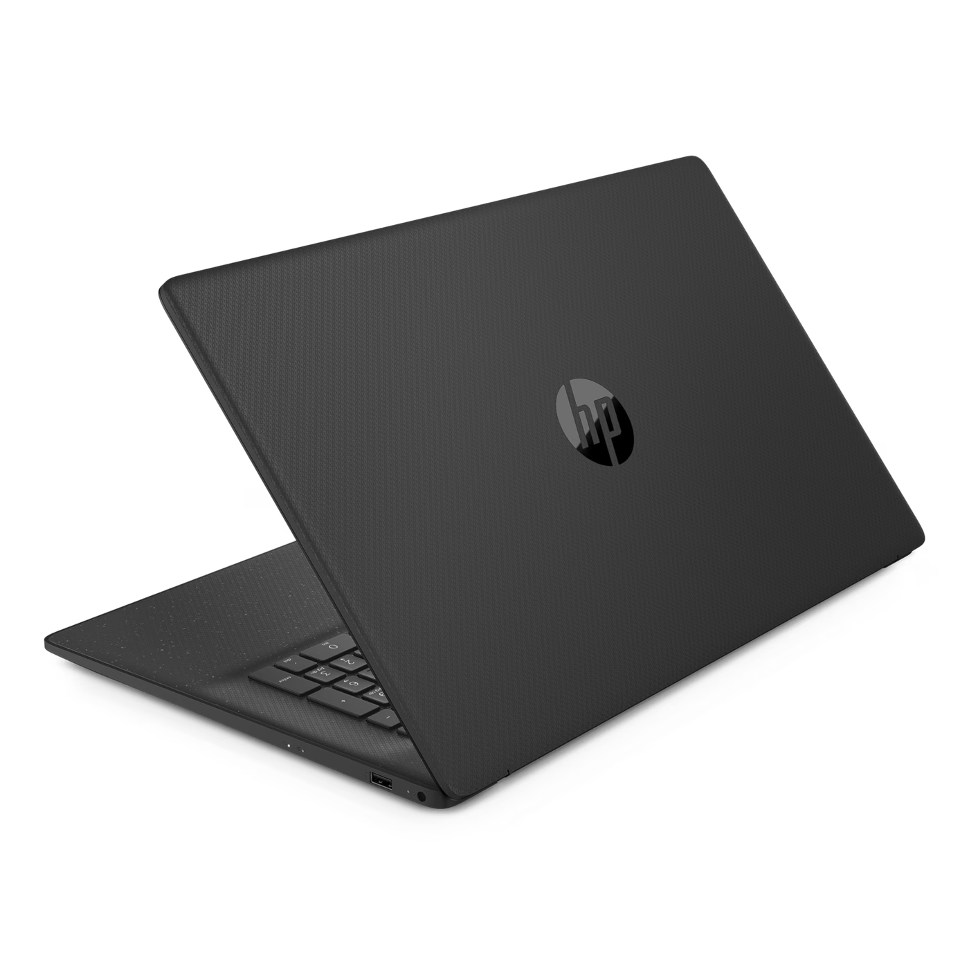 Ein dunkelgraues HP-Notebook ist geöffnet und zeigt die Tastatur und einen Teil des Bildschirms.