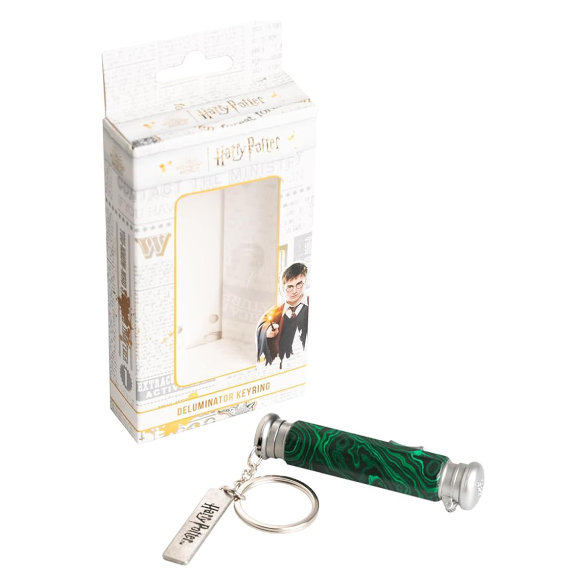 Portachiavi Deluminator di Harry Potter con disegno verde marmorizzato, accanto alla sua confezione.
