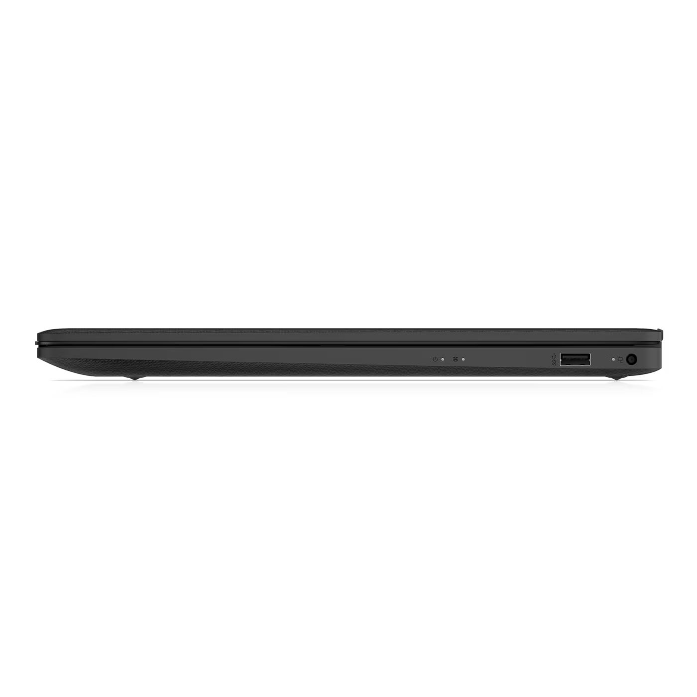 Seitenansicht eines geschlossenen schwarzen Laptops mit Anschlüssen: USB, Power-Taste, Indikatoren.