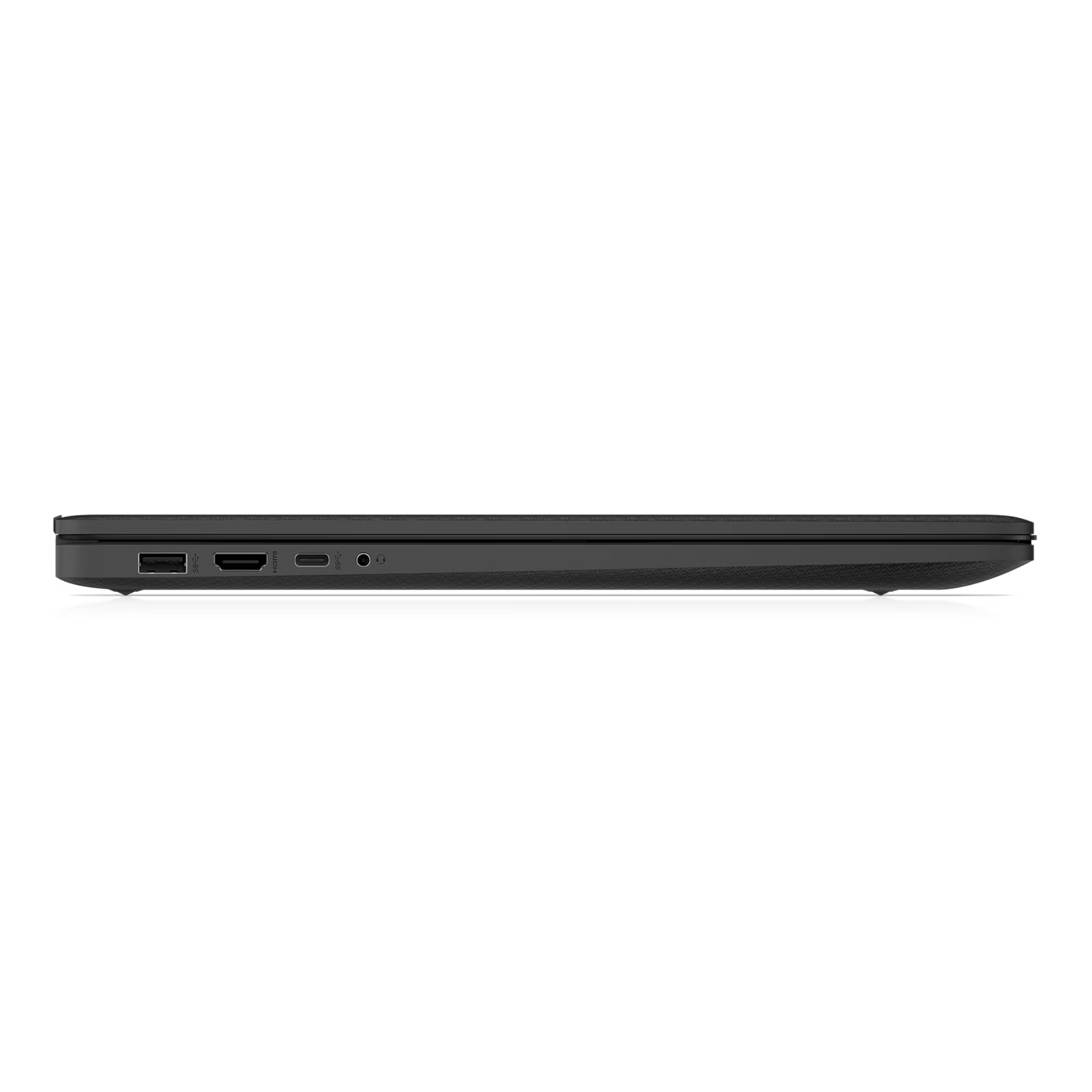 Seitenansicht eines geschlossenen schwarzen Laptops mit USB-, HDMI- und Audioanschlüssen.