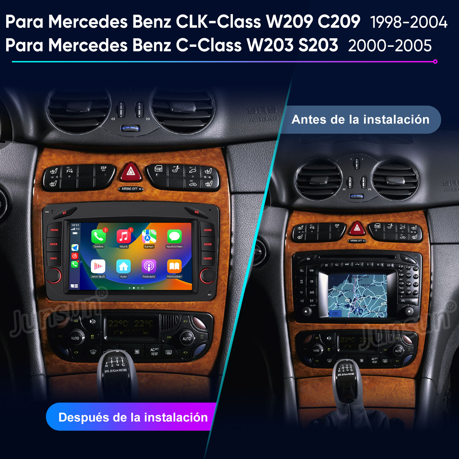 Imagen dividida: Izquierda salpicadero Mercedes con nueva pantalla táctil. Derecha radio antigua.