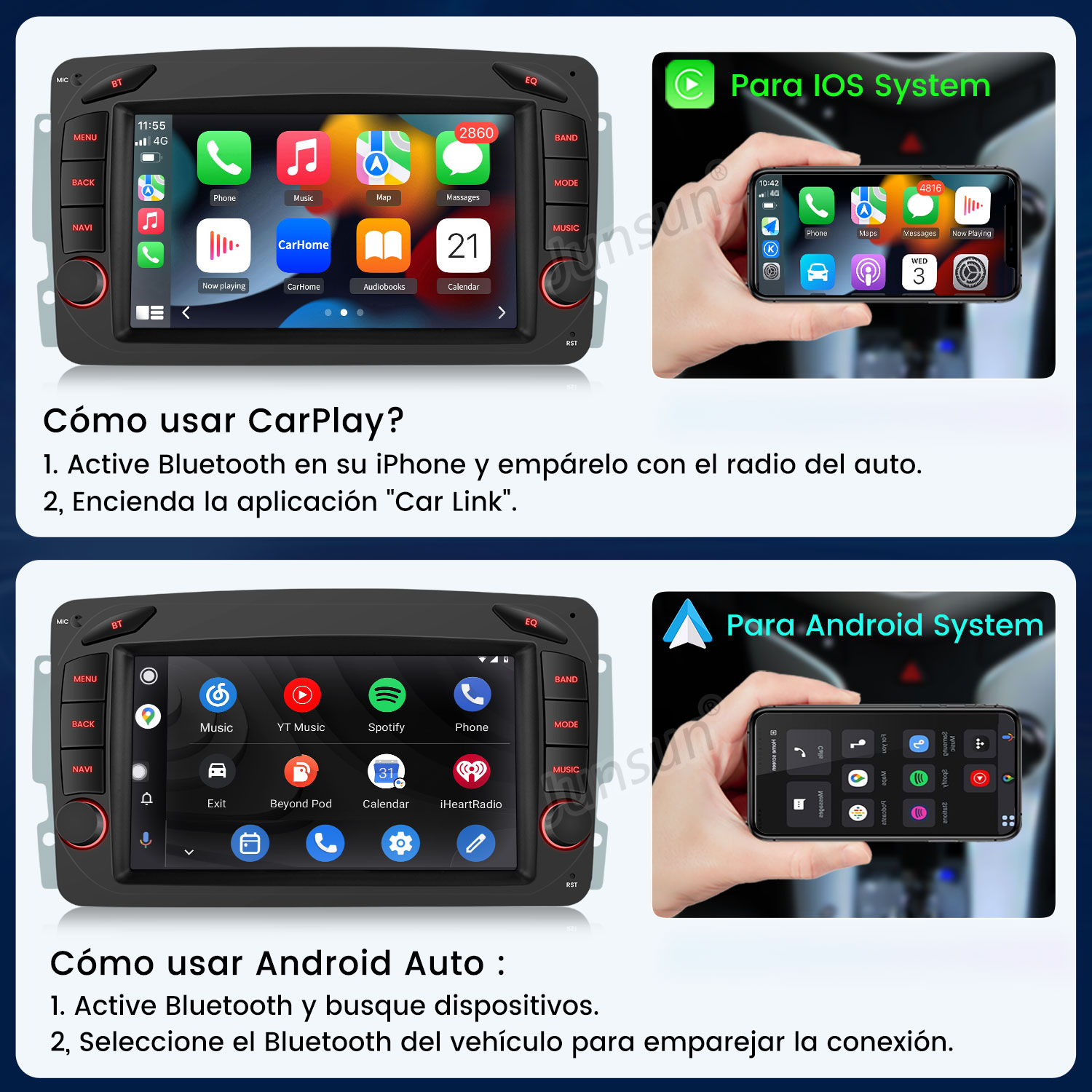 Sistema de infoentretenimiento para coche mostrando menús y apps de CarPlay y Android Auto.